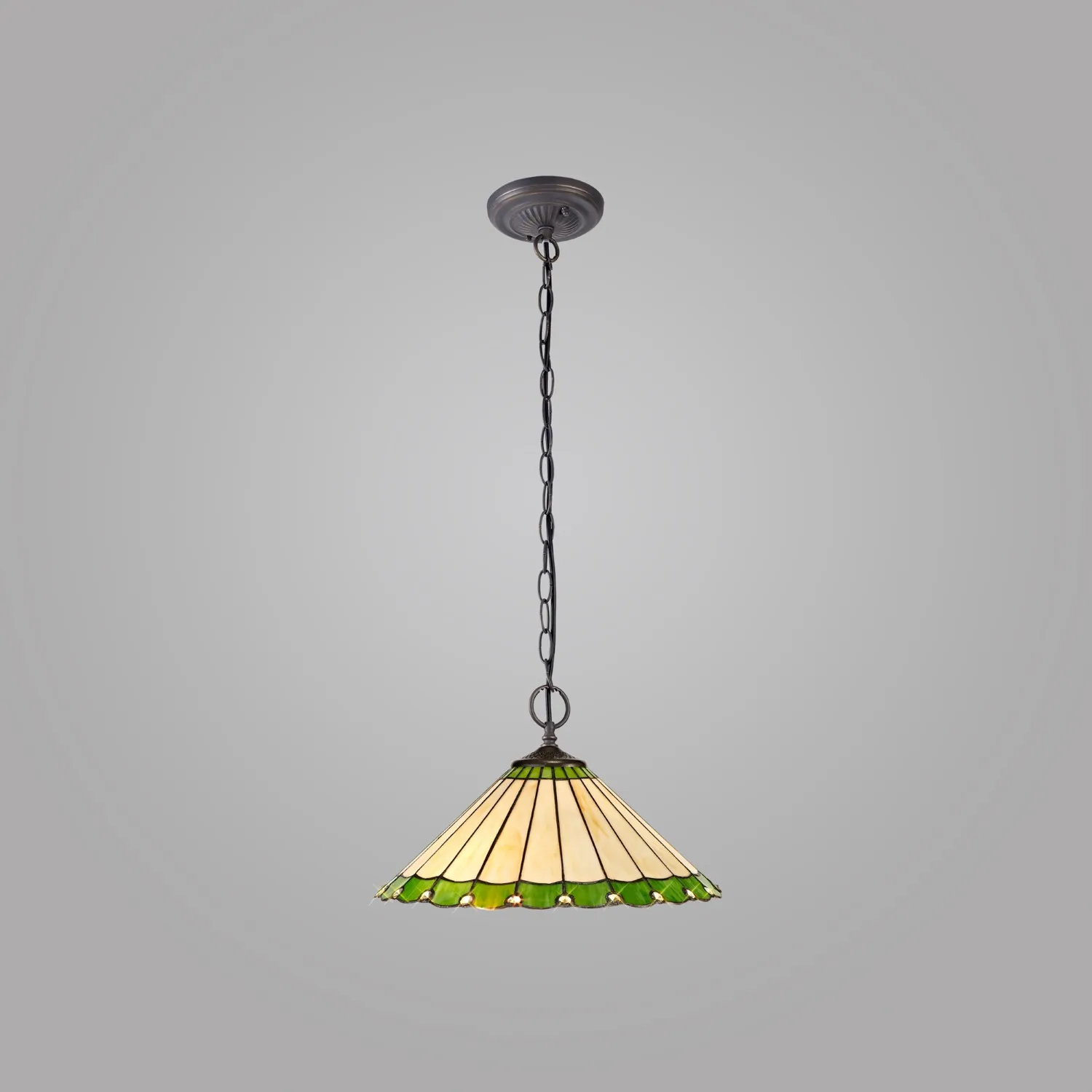 Ware 2 Light Downlighter Pendant E27 With 40cm Tiffany Shade, Green Cream Crystal Aged Antique Brass
