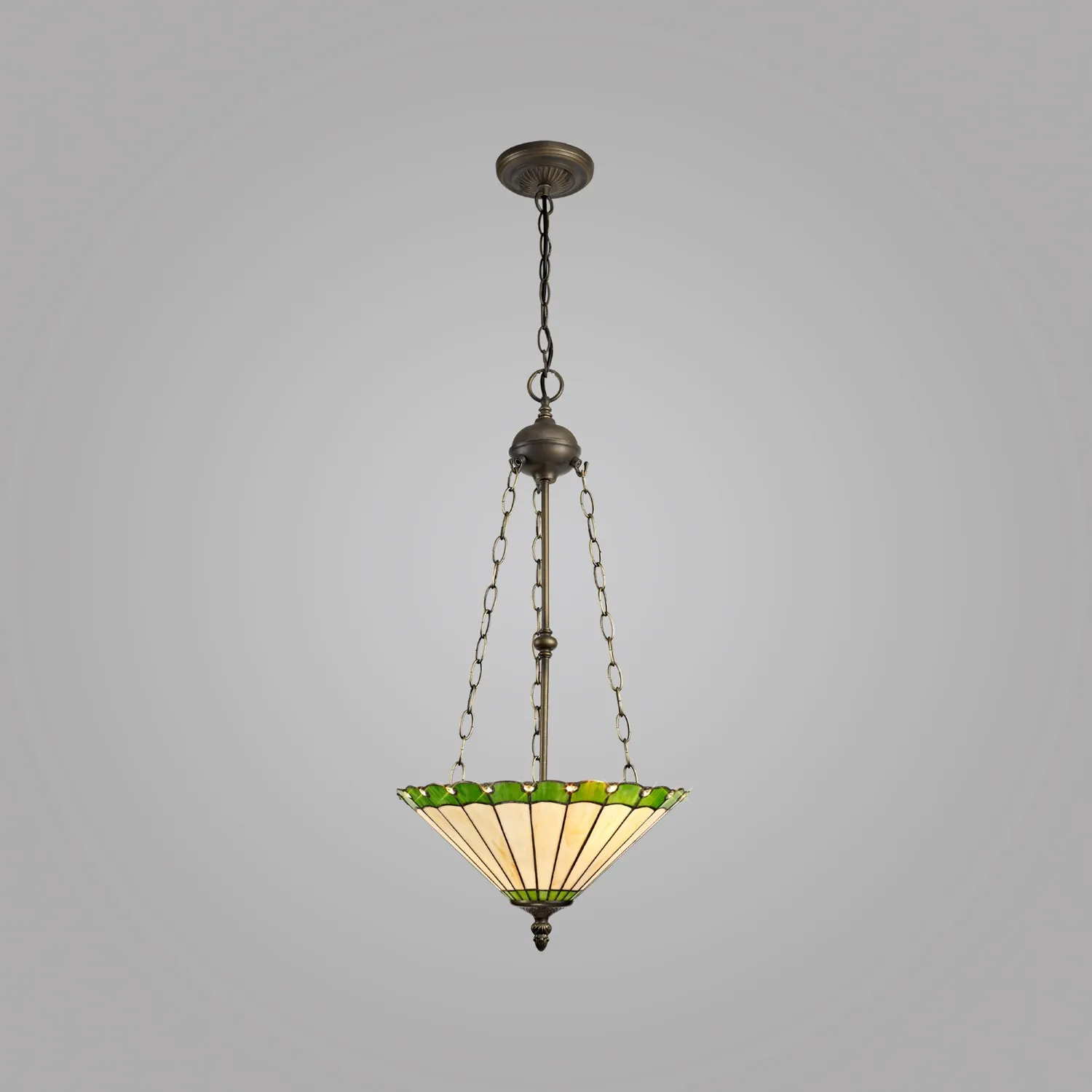 Ware 3 Light Uplighter Pendant E27 With 40cm Tiffany Shade, Green Cream Crystal Aged Antique Brass