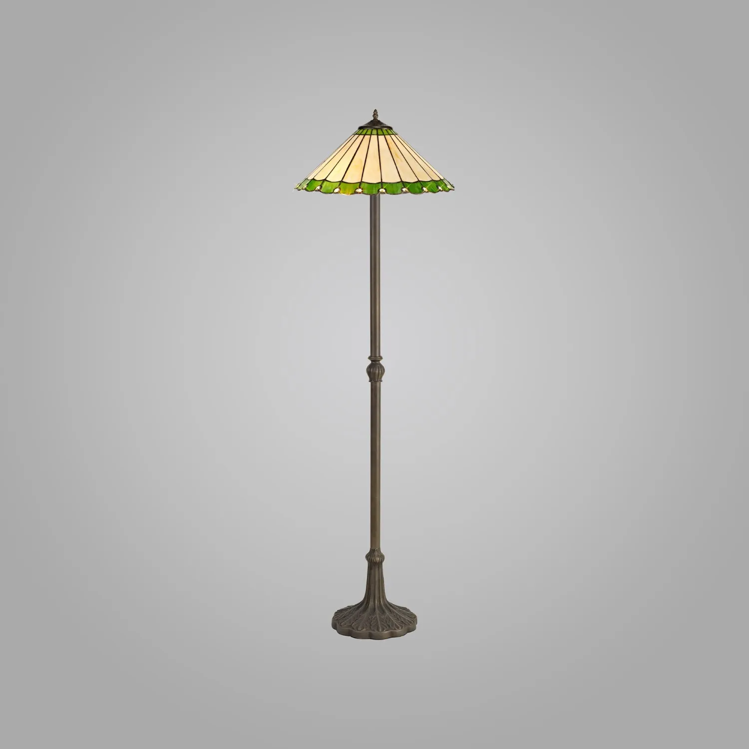 Ware 2 Light Leaf Design Floor Lamp E27 With 40cm Tiffany Shade, Green Cream Crystal Aged Antique Brass