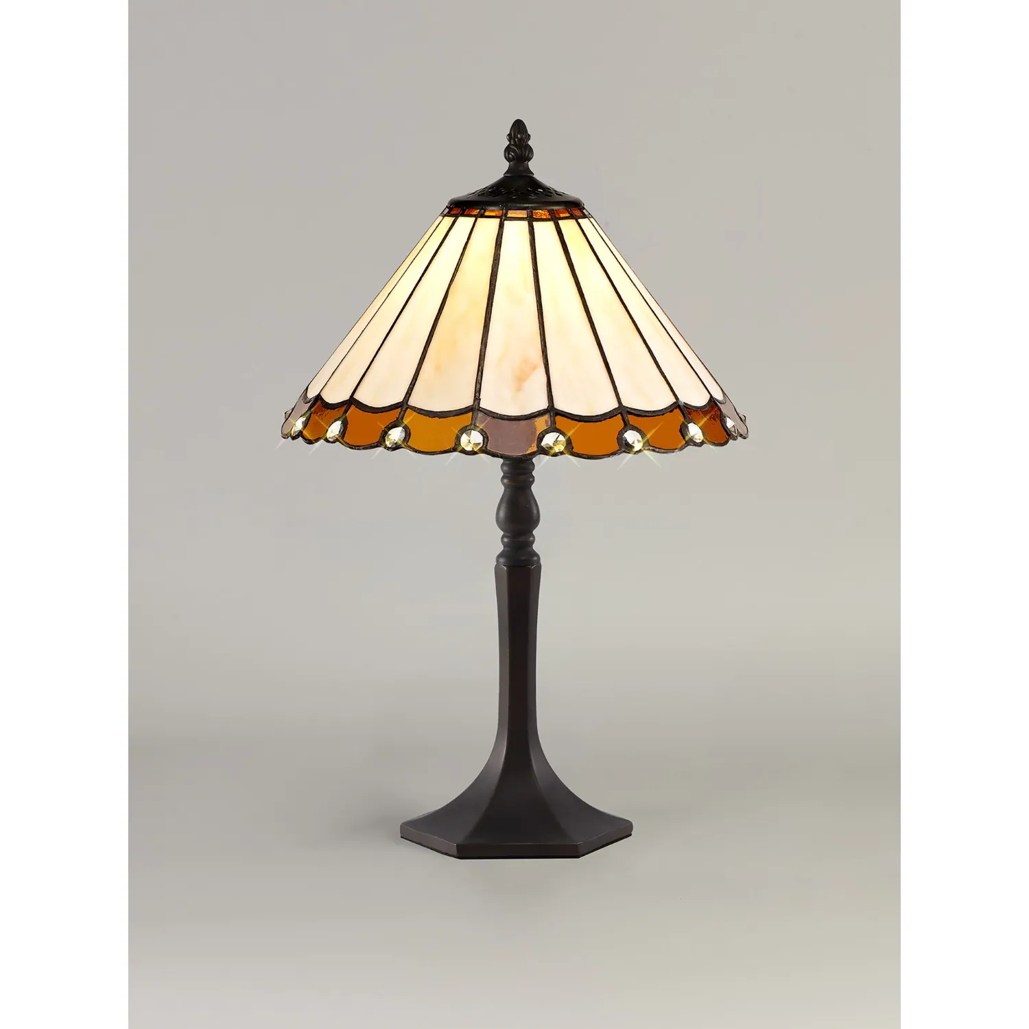 Ware 1 Light Octagonal Table Lamp E27 With 30cm Tiffany Shade, Amber Cream Crystal Aged Antique Brass