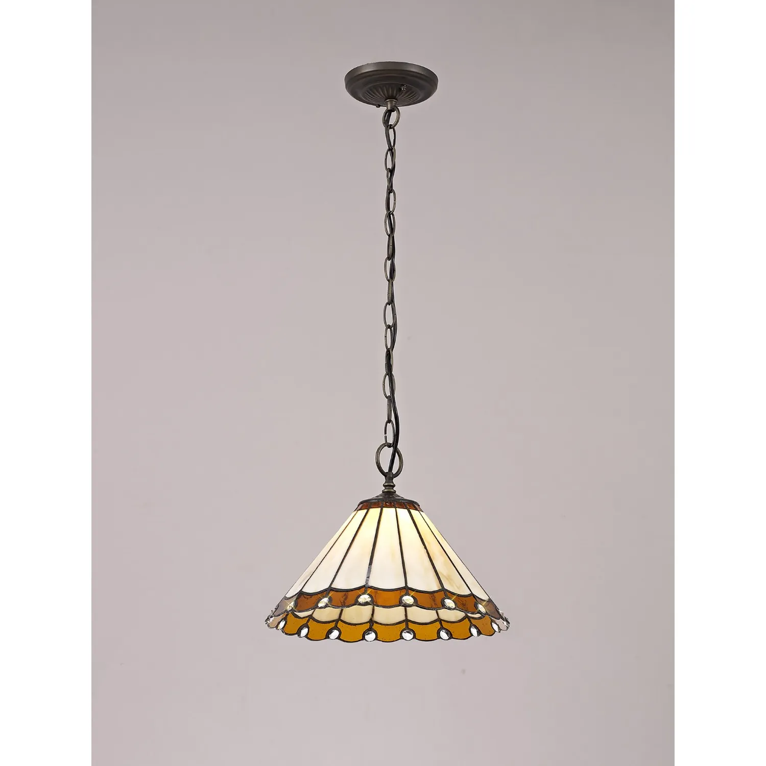 Ware 1 Light Downlighter Pendant E27 With 30cm Tiffany Shade, Amber Cream Crystal Aged Antique Brass