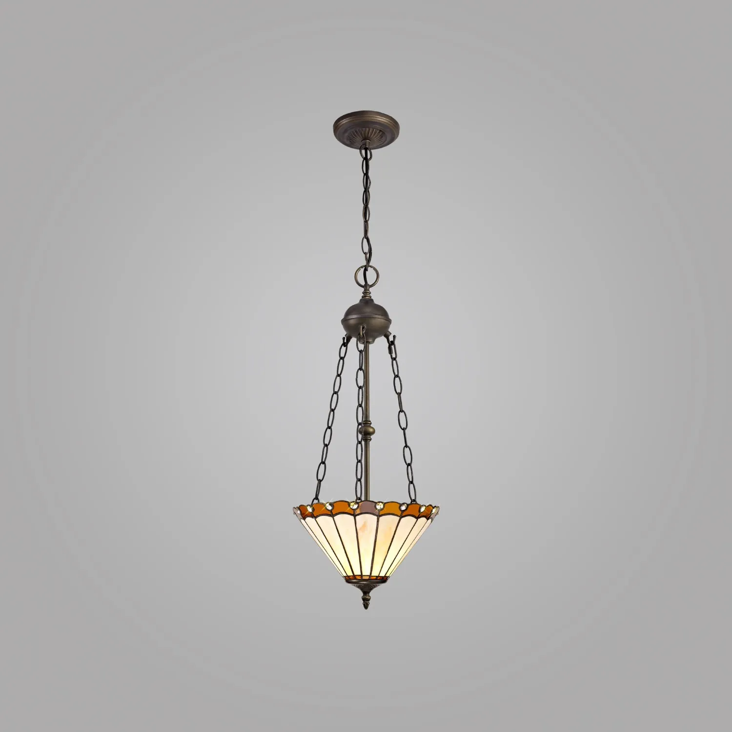 Ware 2 Light Uplighter Pendant E27 With 30cm Tiffany Shade, Amber Cream Crystal Aged Antique Brass