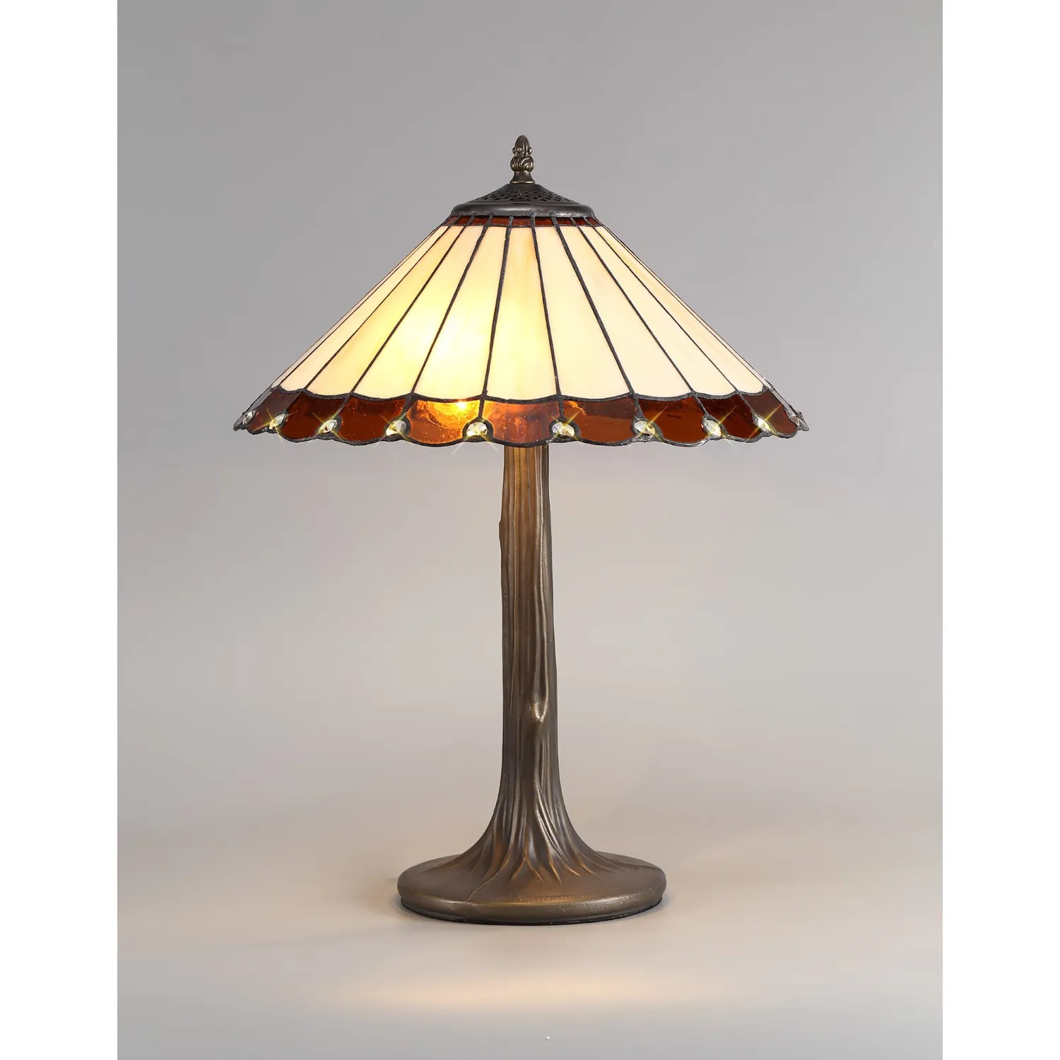 Ware 2 Light Tree Like Table Lamp E27 With 40cm Tiffany Shade, Amber Cream Crystal Aged Antique Brass