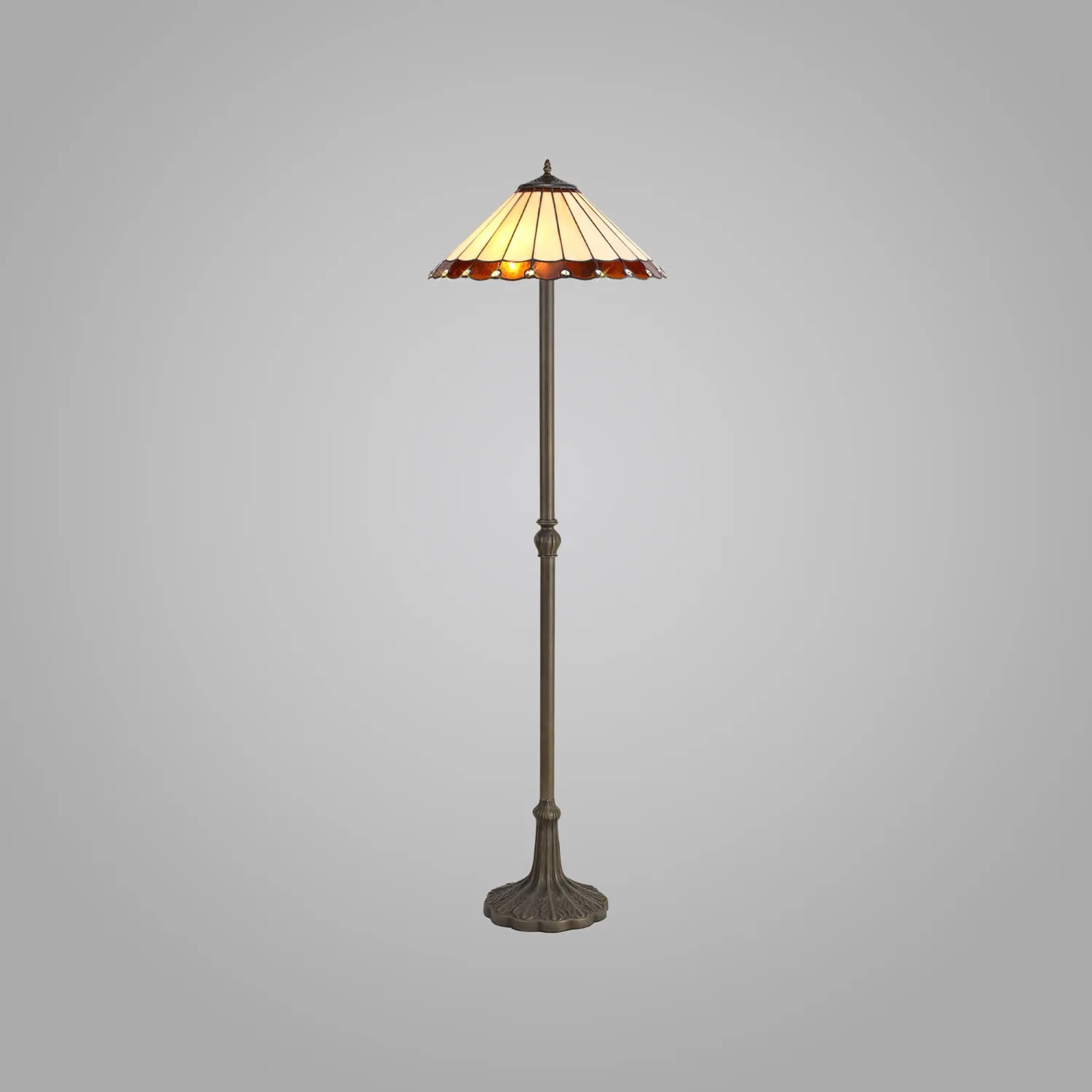 Ware 2 Light Leaf Design Floor Lamp E27 With 40cm Tiffany Shade, Amber Cream Crystal Aged Antique Brass
