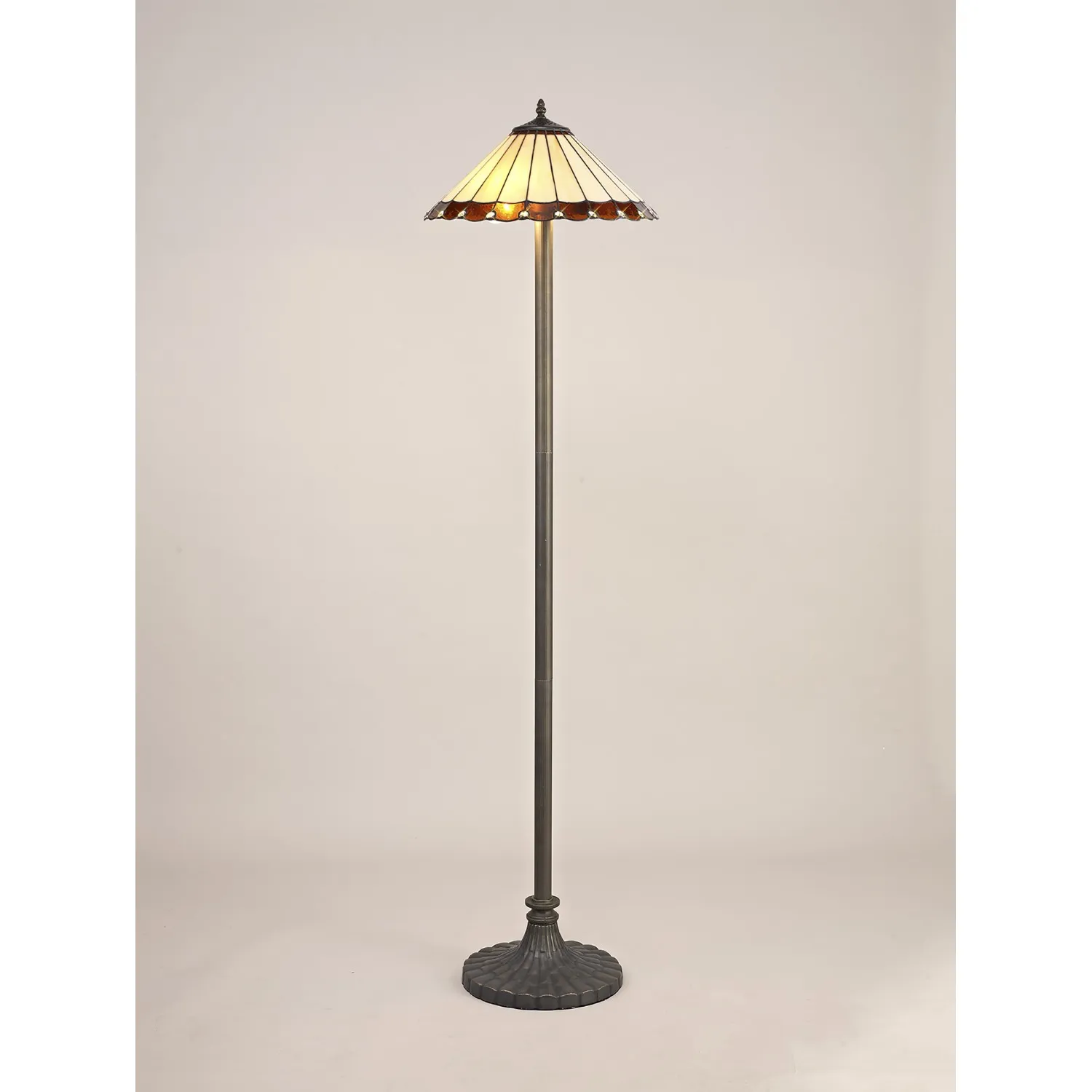 Ware 2 Light Stepped Design Floor Lamp E27 With 40cm Tiffany Shade, Amber Cream Crystal Aged Antique Brass
