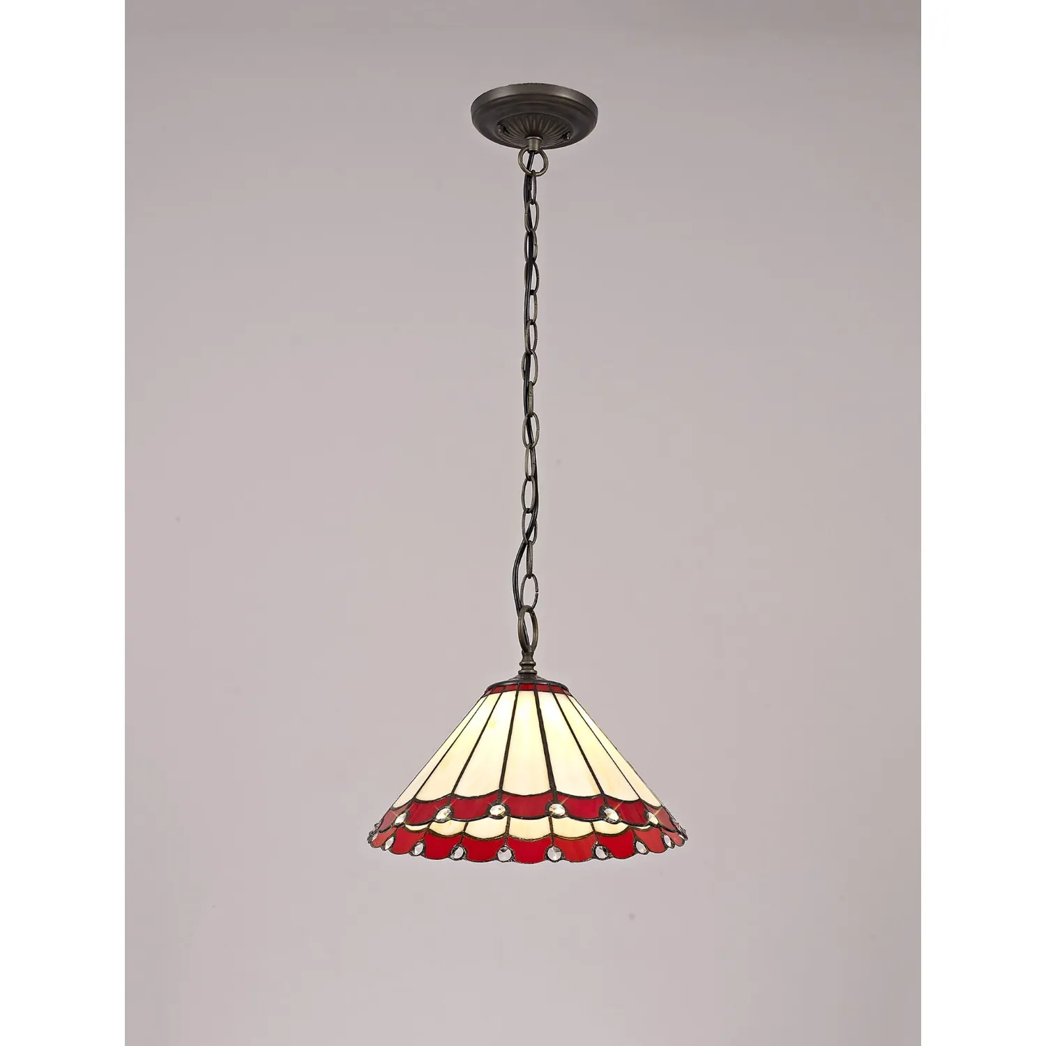 Ware 1 Light Downlighter Pendant E27 With 30cm Tiffany Shade, Red Cream Crystal Aged Antique Brass