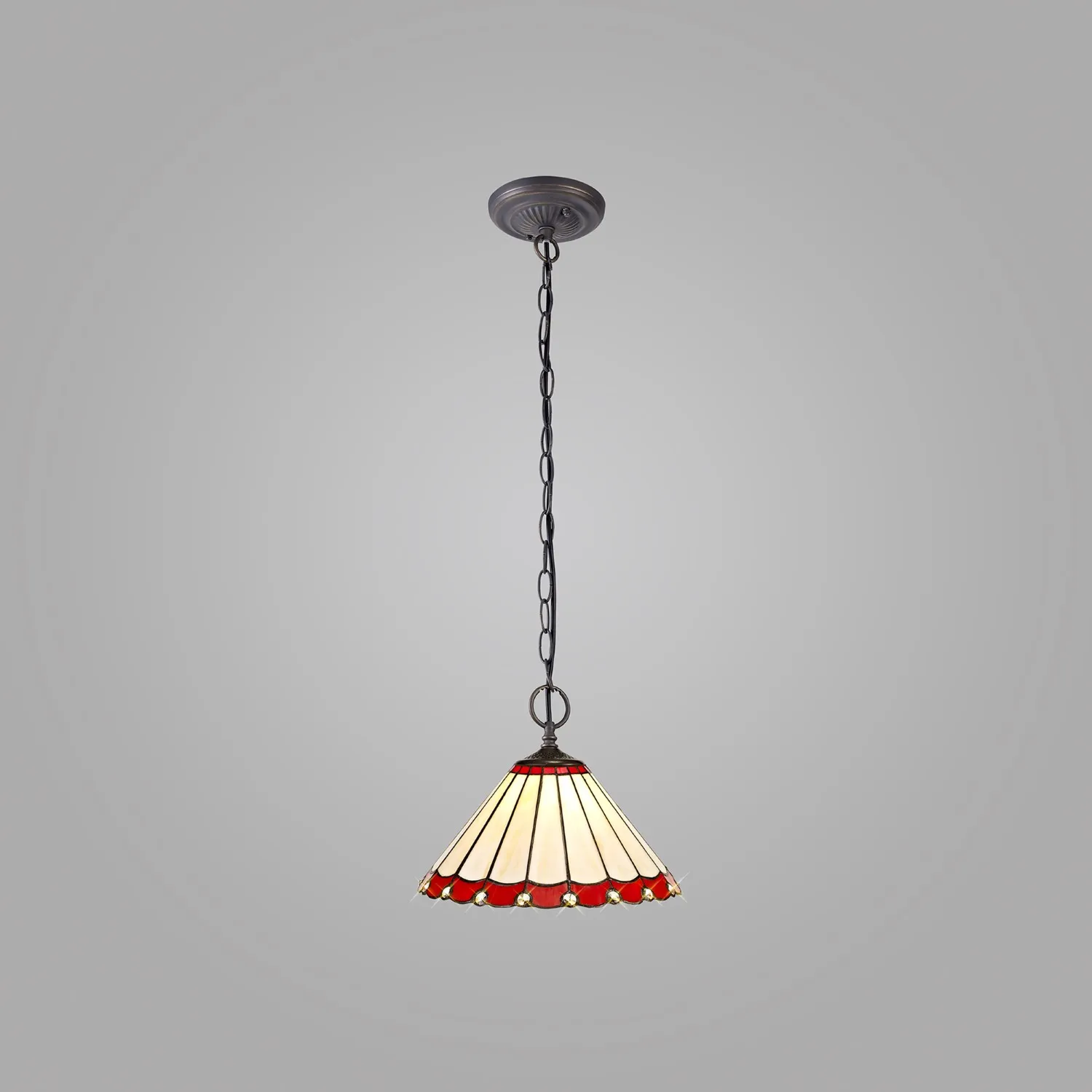 Ware 2 Light Downlighter Pendant E27 With 30cm Tiffany Shade, Red Cream Crystal Aged Antique Brass