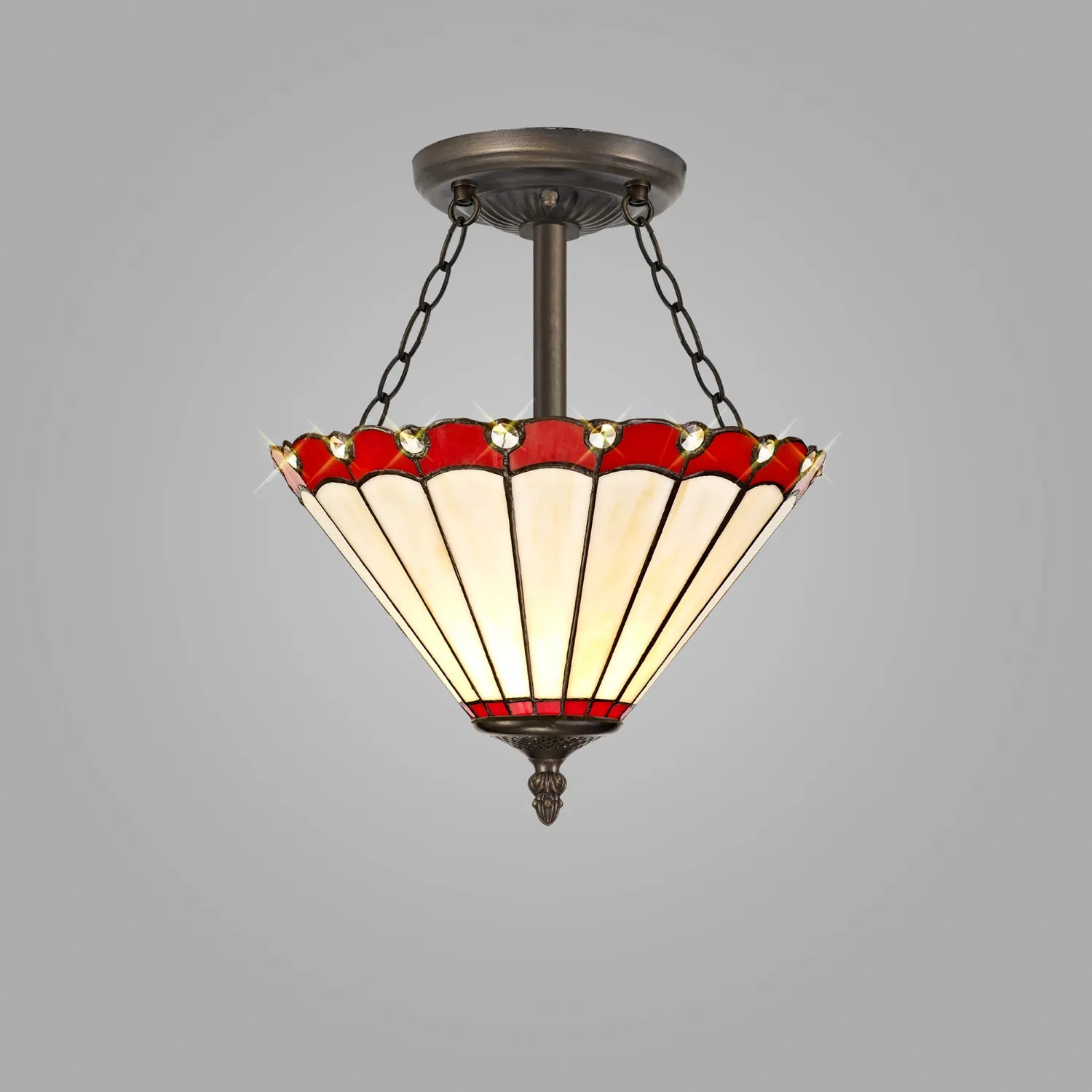 Ware 3 Light Semi Flush E27 With 30cm Tiffany Shade, Red Cream Crystal Aged Antique Brass