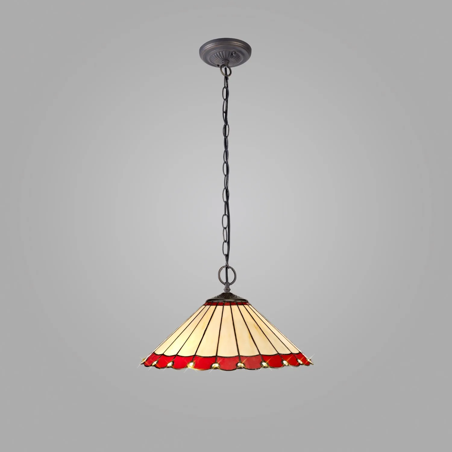 Ware 2 Light Downlighter Pendant E27 With 40cm Tiffany Shade, Red Cream Crystal Aged Antique Brass