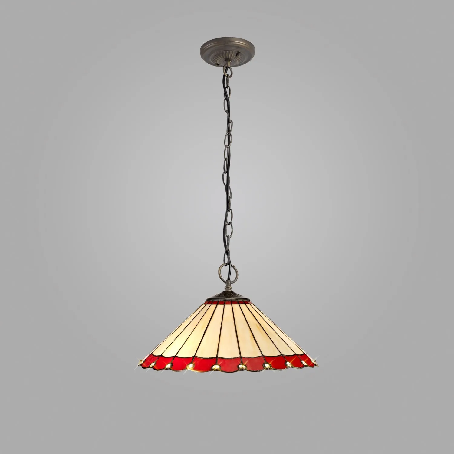 Ware 3 Light Downlighter Pendant E27 With 40cm Tiffany Shade, Red Cream Crystal Aged Antique Brass