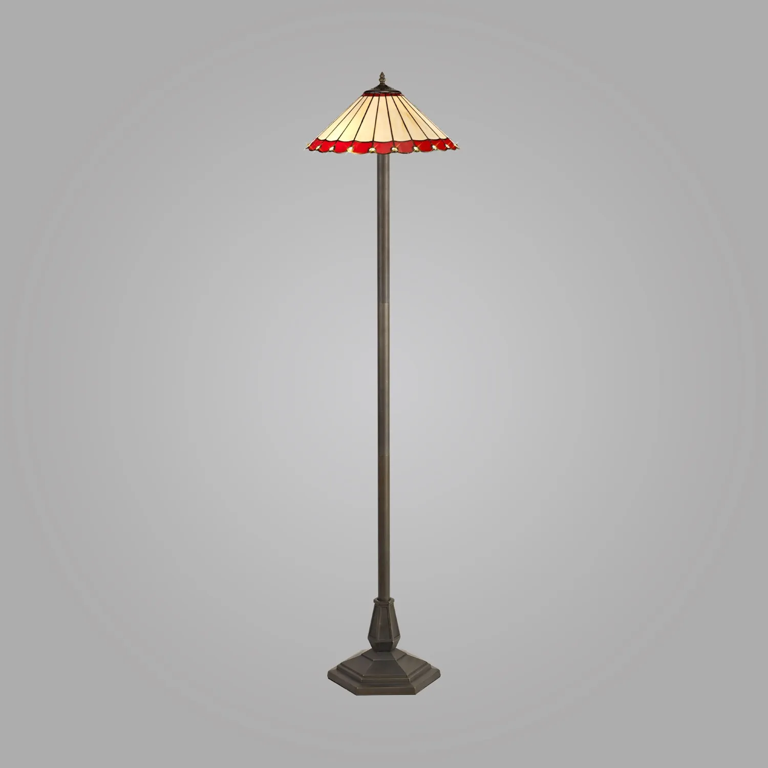 Ware 2 Light Octagonal Floor Lamp E27 With 40cm Tiffany Shade, Red Cream Crystal Aged Antique Brass