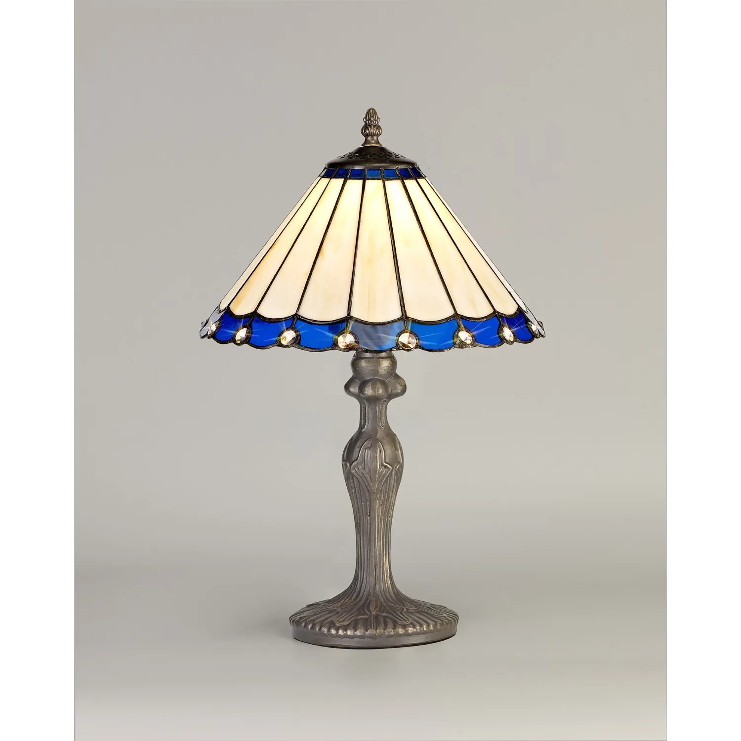 Ware 1 Light Curved Table Lamp E27 With 30cm Tiffany Shade, Blue Cream Crystal Aged Antique Brass