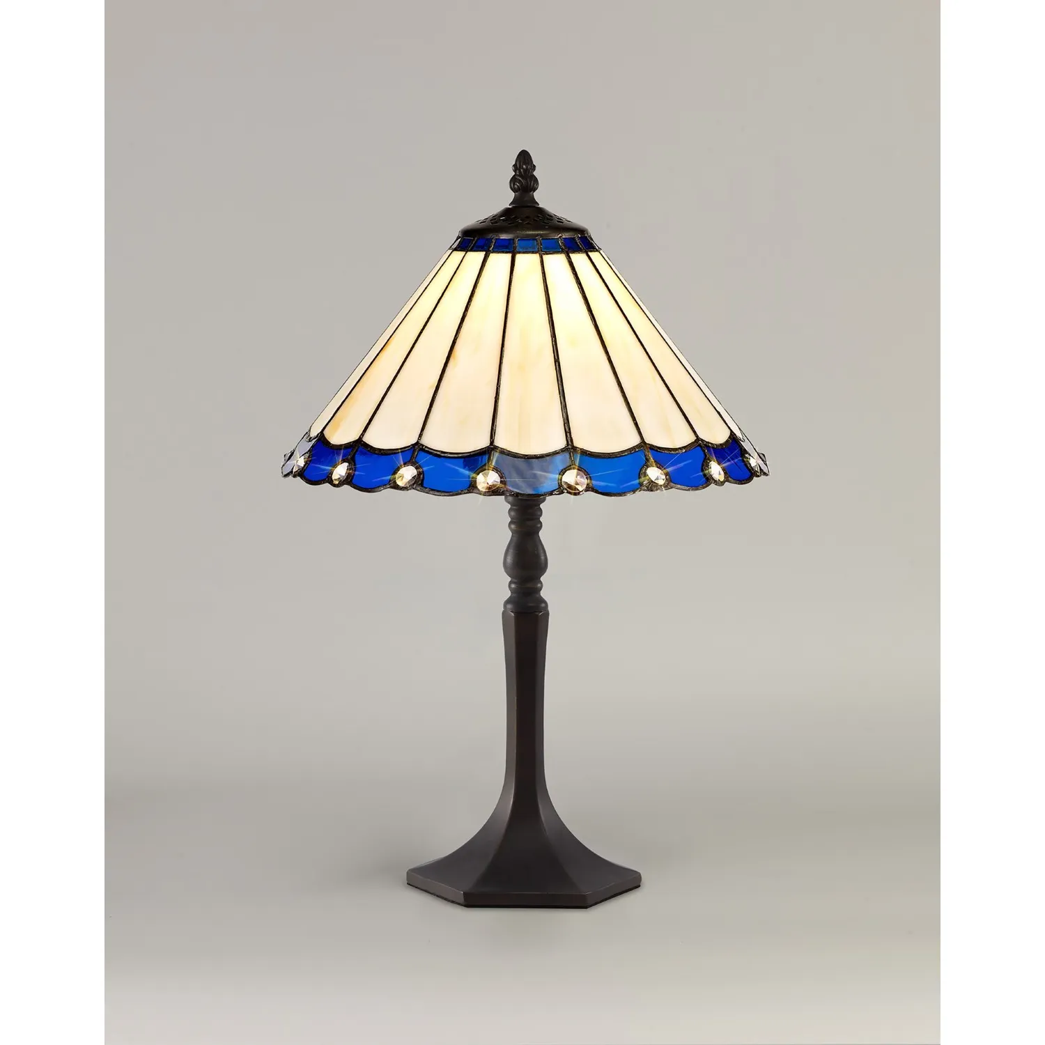 Ware 1 Light Octagonal Table Lamp E27 With 30cm Tiffany Shade, Blue Cream Crystal Aged Antique Brass