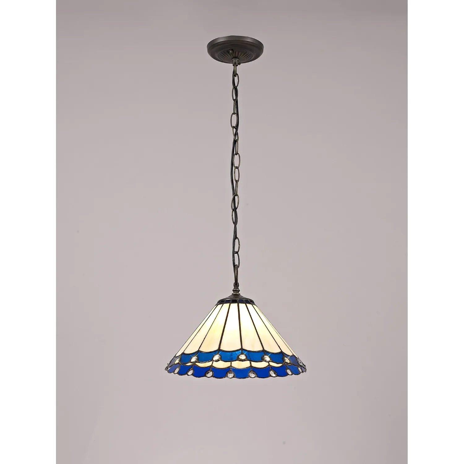 Ware 1 Light Downlighter Pendant E27 With 30cm Tiffany Shade, Blue Cream Crystal Aged Antique Brass