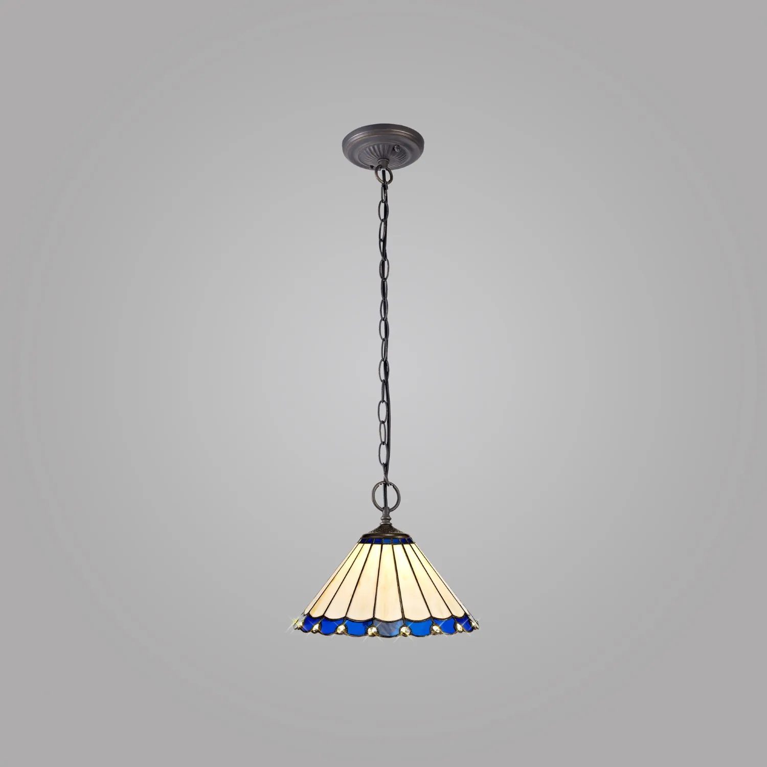 Ware 2 Light Downlighter Pendant E27 With 30cm Tiffany Shade, Blue Cream Crystal Aged Antique Brass