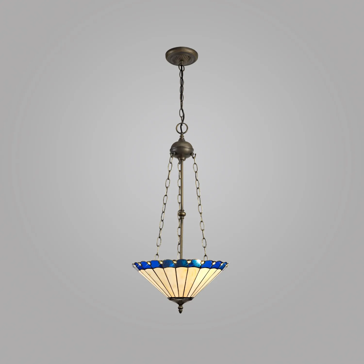 Ware 3 Light Uplighter Pendant E27 With 40cm Tiffany Shade, Blue Cream Crystal Aged Antique Brass