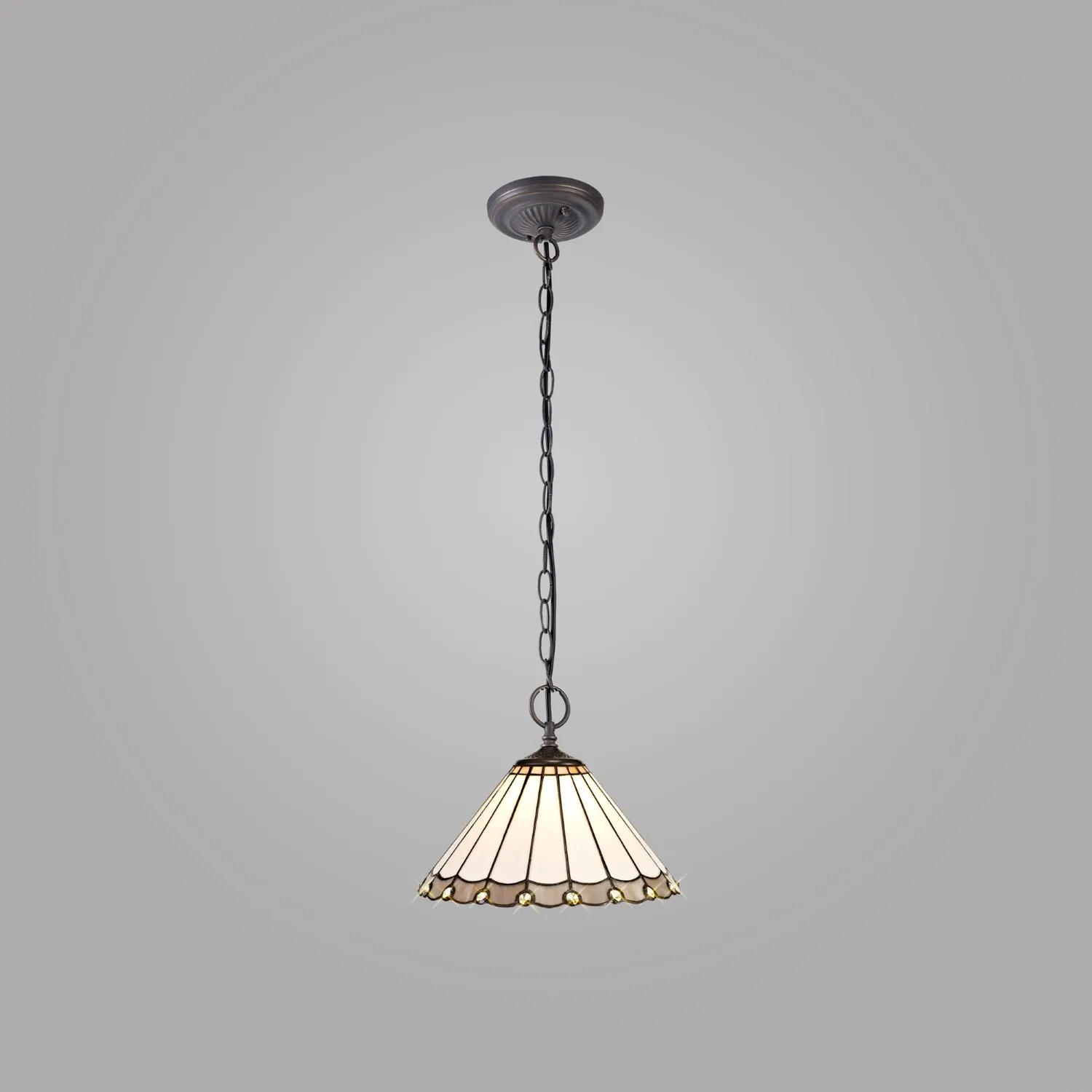 Ware 2 Light Downlighter Pendant E27 With 30cm Tiffany Shade, Grey Cream Crystal Aged Antique Brass