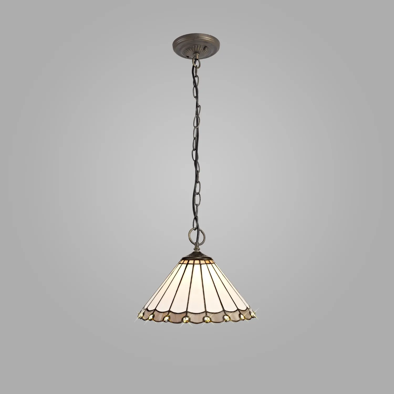 Ware 3 Light Downlighter Pendant E27 With 30cm Tiffany Shade, Grey Cream Crystal Aged Antique Brass