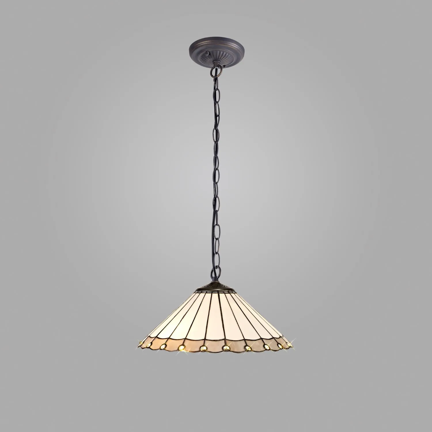 Ware 1 Light Downlighter Pendant E27 With 40cm Tiffany Shade, Grey Cream Crystal Aged Antique Brass