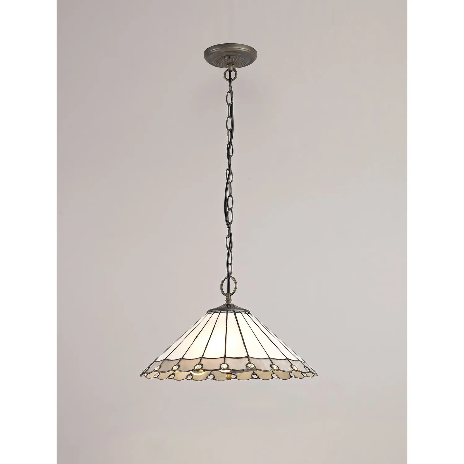 Ware 3 Light Downlighter Pendant E27 With 40cm Tiffany Shade, Grey Cream Crystal Aged Antique Brass