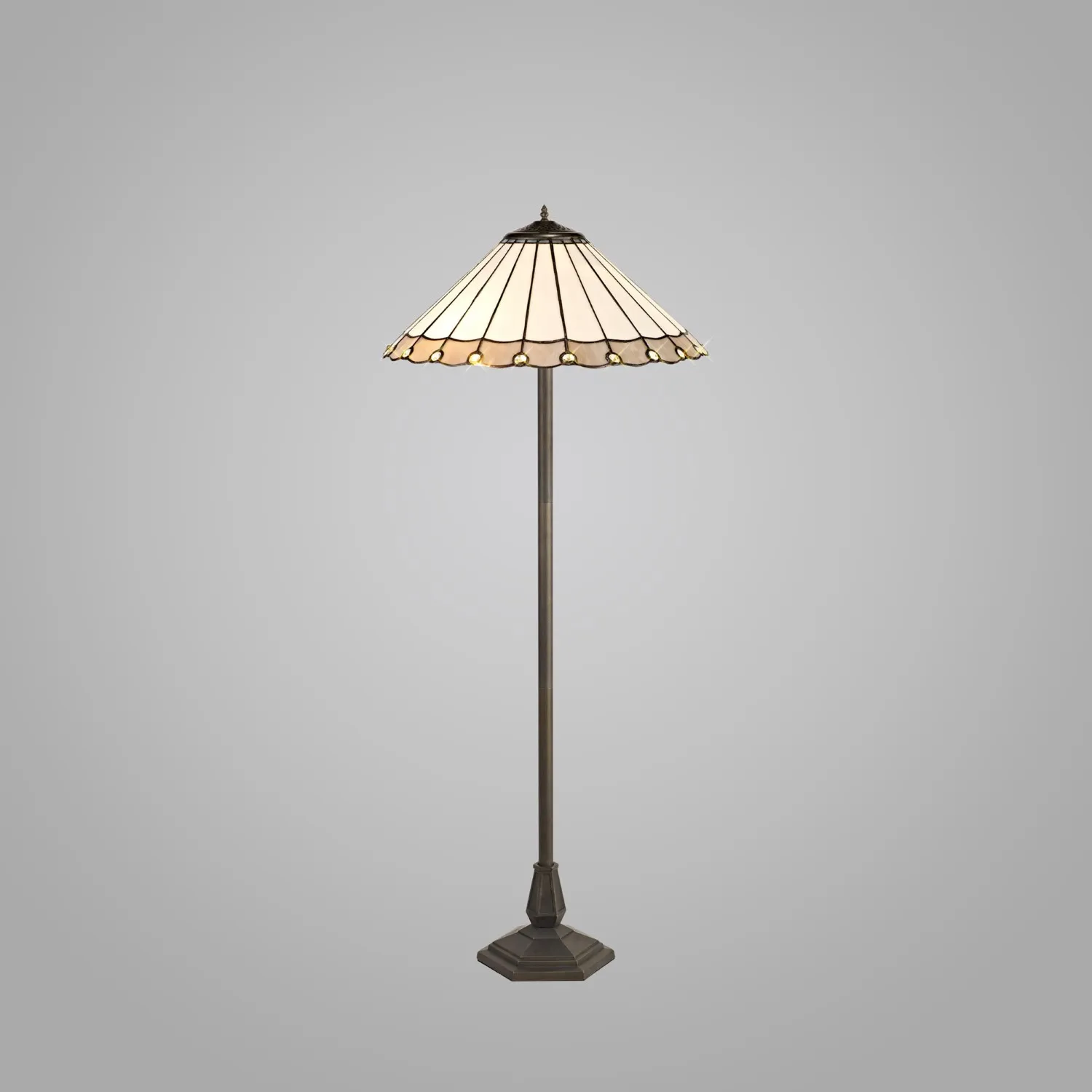 Ware 2 Light Octagonal Floor Lamp E27 With 40cm Tiffany Shade, Grey Cream Crystal Aged Antique Brass