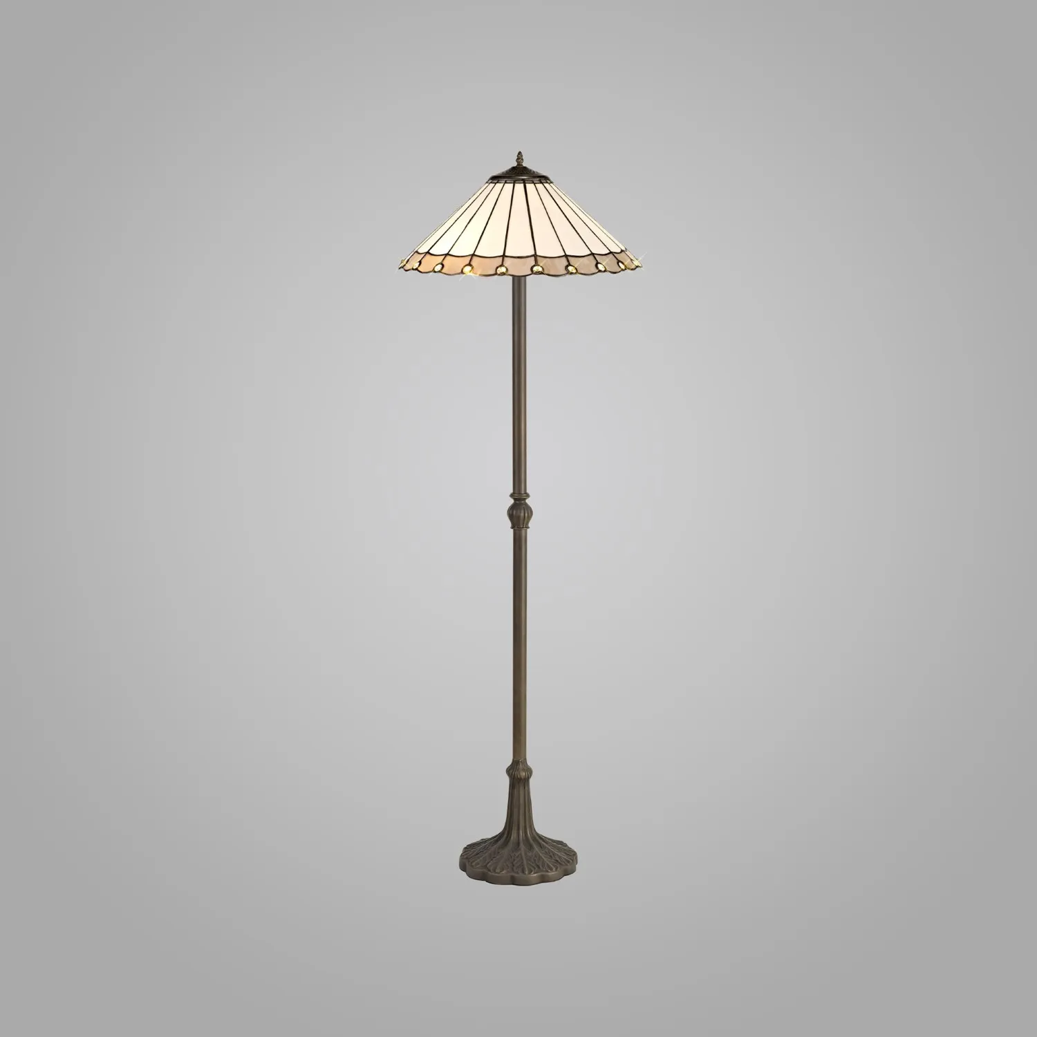 Ware 2 Light Leaf Design Floor Lamp E27 With 40cm Tiffany Shade, Grey Cream Crystal Aged Antique Brass