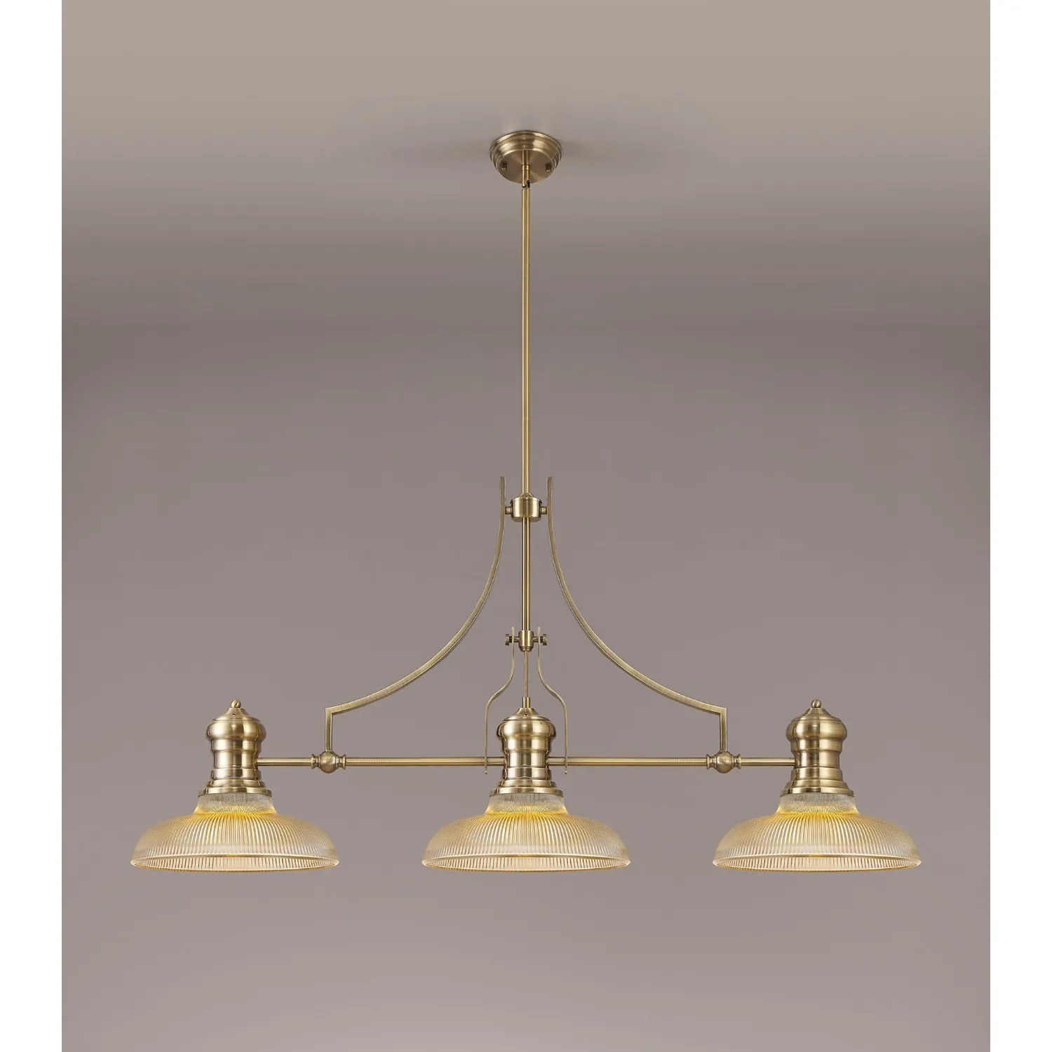 Sandy 3 Light Linear Pendant E27 With 30cm Round Glass Shade, Antique Brass, Amber