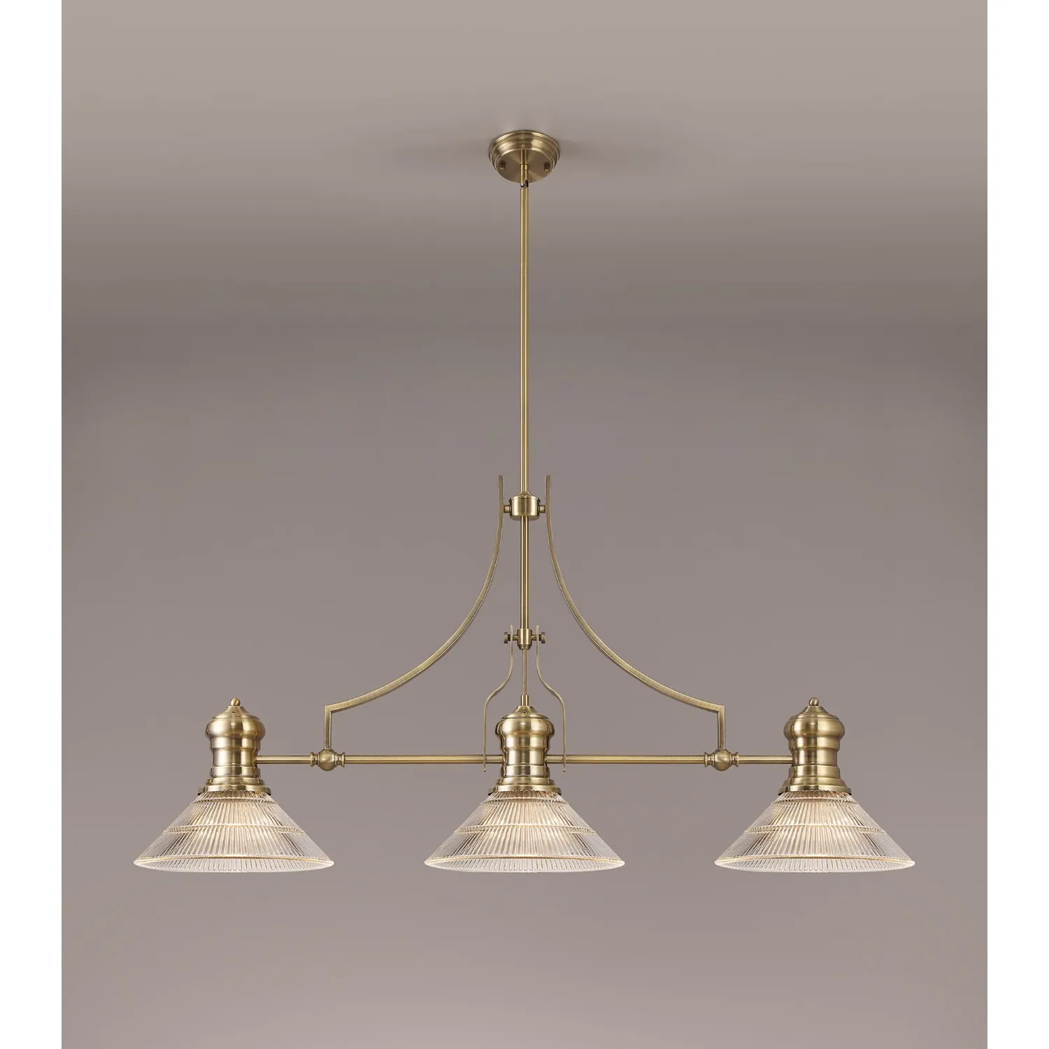 Sandy 3 Light Linear Pendant E27 With 30cm Cone Glass Shade, Antique Brass, Clear