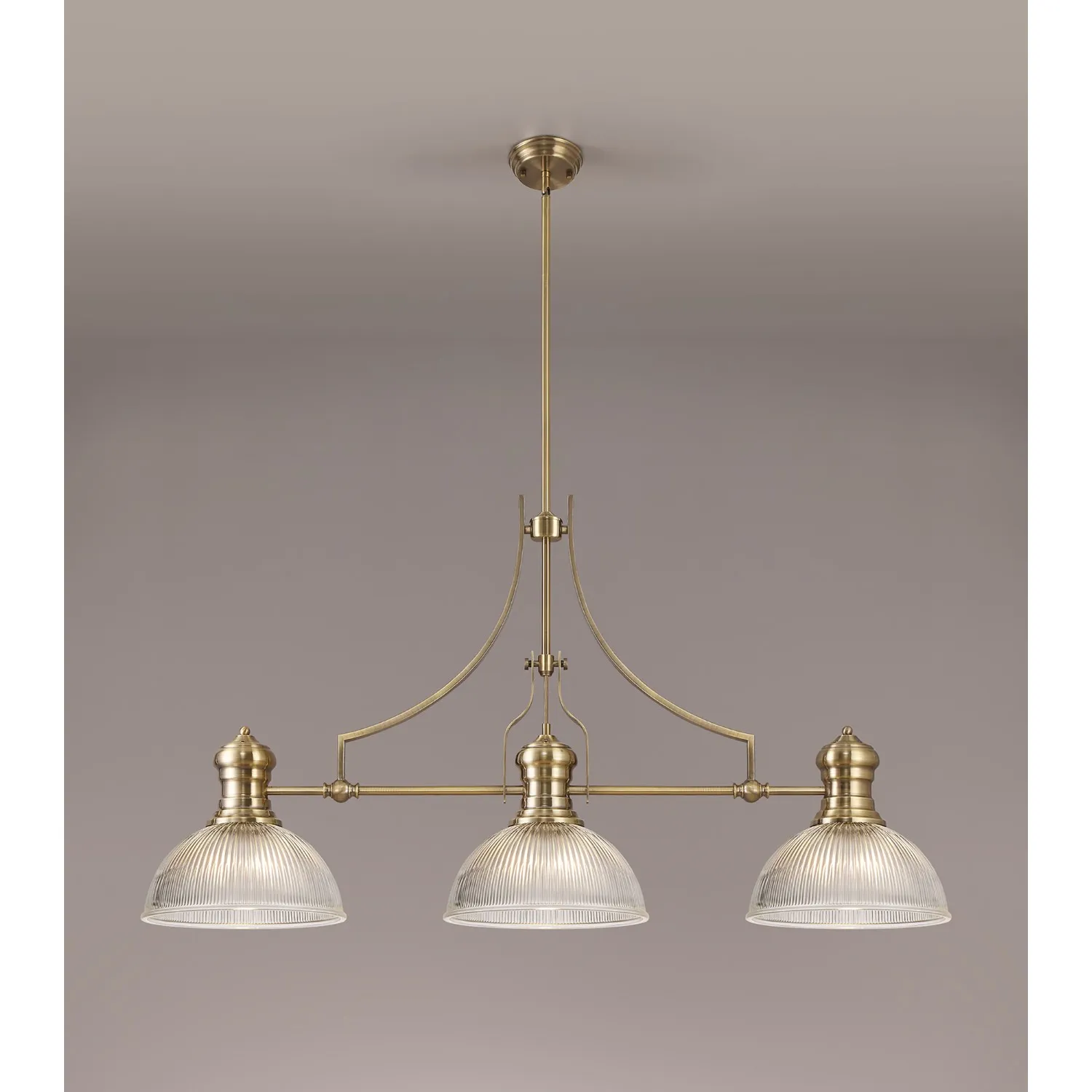 Sandy 3 Light Linear Pendant E27 With 30cm Dome Glass Shade, Antique Brass, Clear