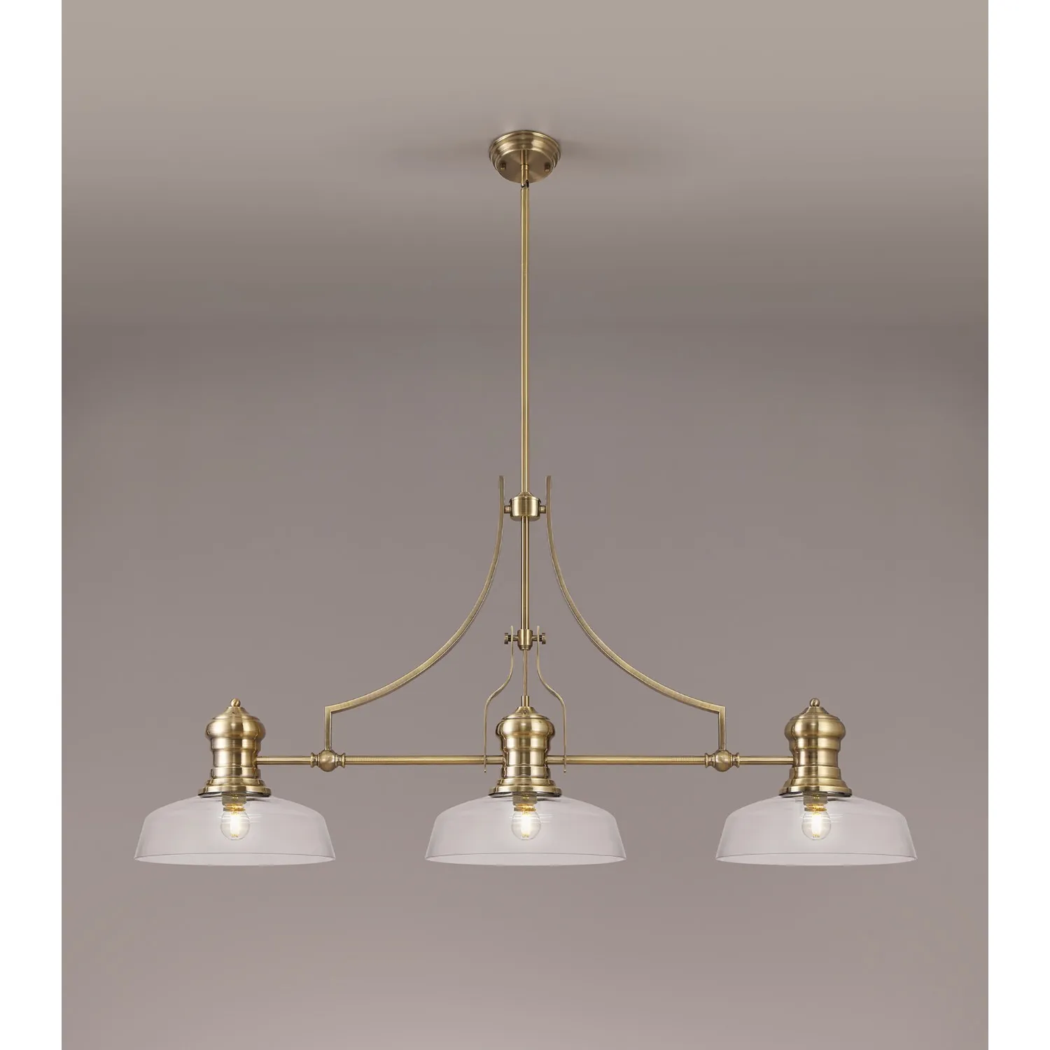Sandy 3 Light Linear Pendant E27 With 30cm Flat Round Glass Shade, Antique Brass, Clear