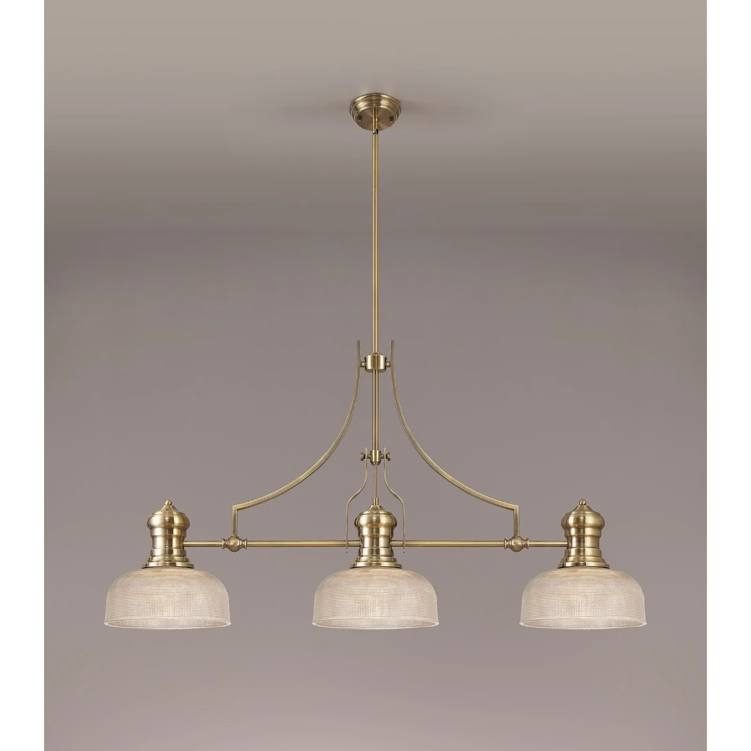 Sandy 3 Light Linear Pendant E27 With 26.5cm Prismatic Glass Shade, Antique Brass, Clear