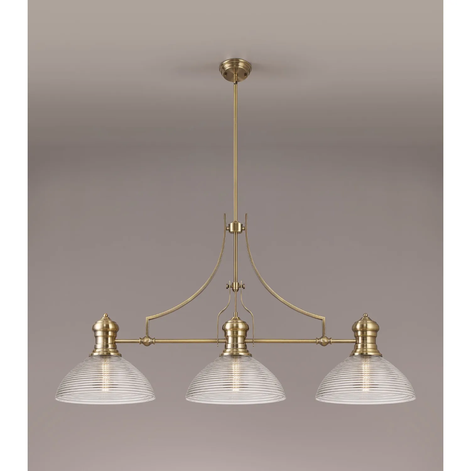 Sandy 3 Light Linear Pendant E27 With 33.5cm Prismatic Glass Shade, Antique Brass, Clear