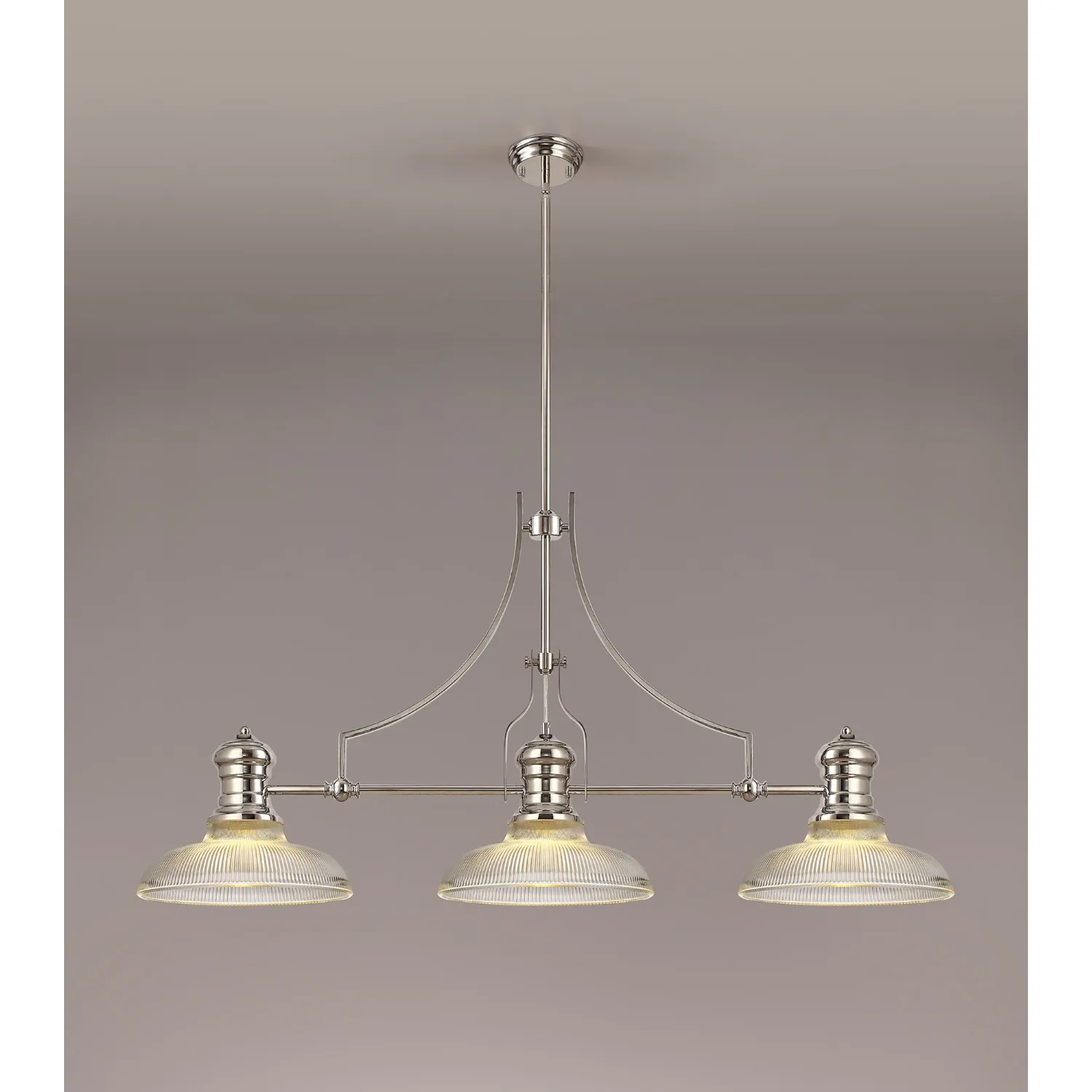 Sandy 3 Light Linear Pendant E27 With 30cm Round Glass Shade, Polished Nickel, Clear