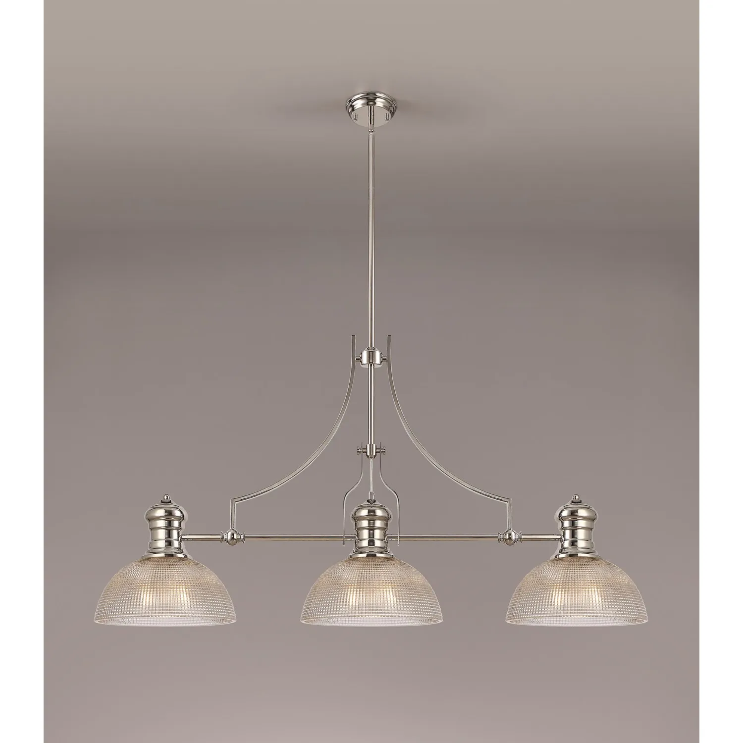 Sandy 3 Light Linear Pendant E27 With 30cm Prismatic Glass Shade, Polished Nickel, Clear