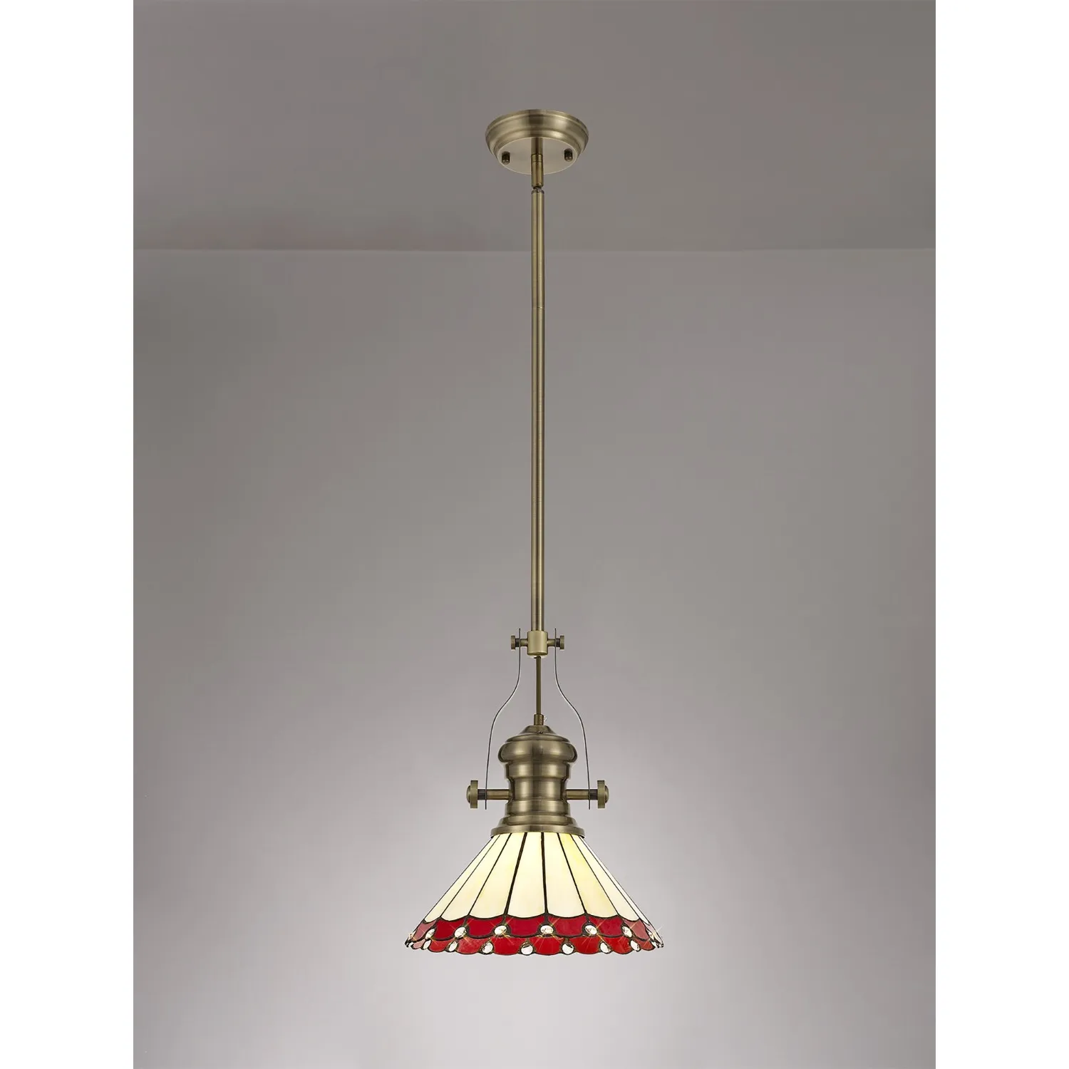Ware 1 Light Pendant E27 With 30cm Tiffany Shade, Antique Brass Red Cream Crystal