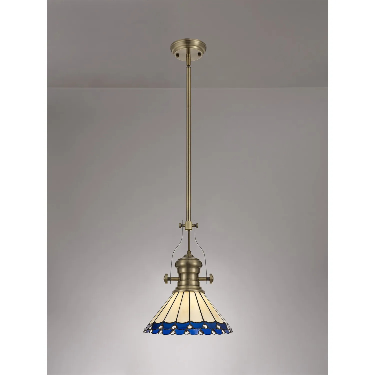 Ware 1 Light Pendant E27 With 30cm Tiffany Shade, Antique Brass Blue Cream Crystal
