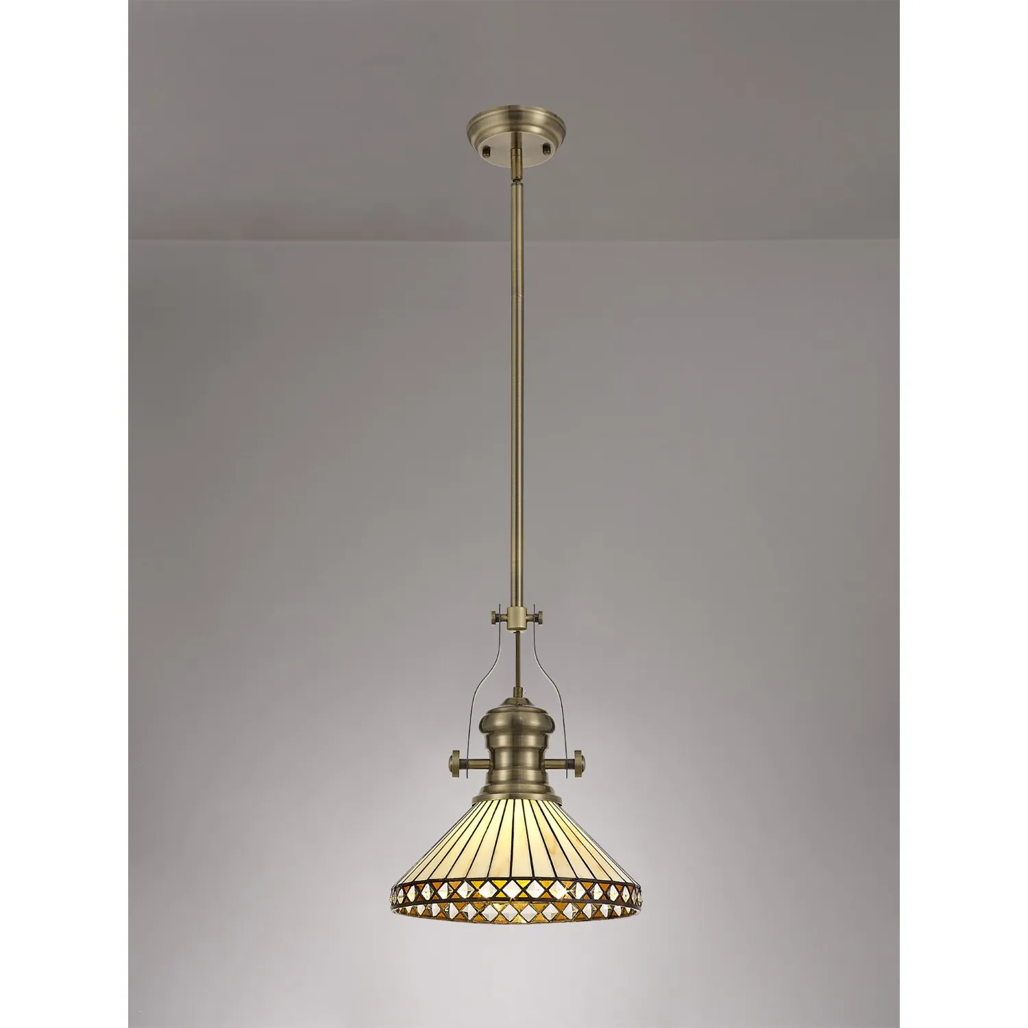 Rayleigh 1 Light Pendant E27 With 30cm Tiffany Shade, Antique Brass Amber Cream Crystal