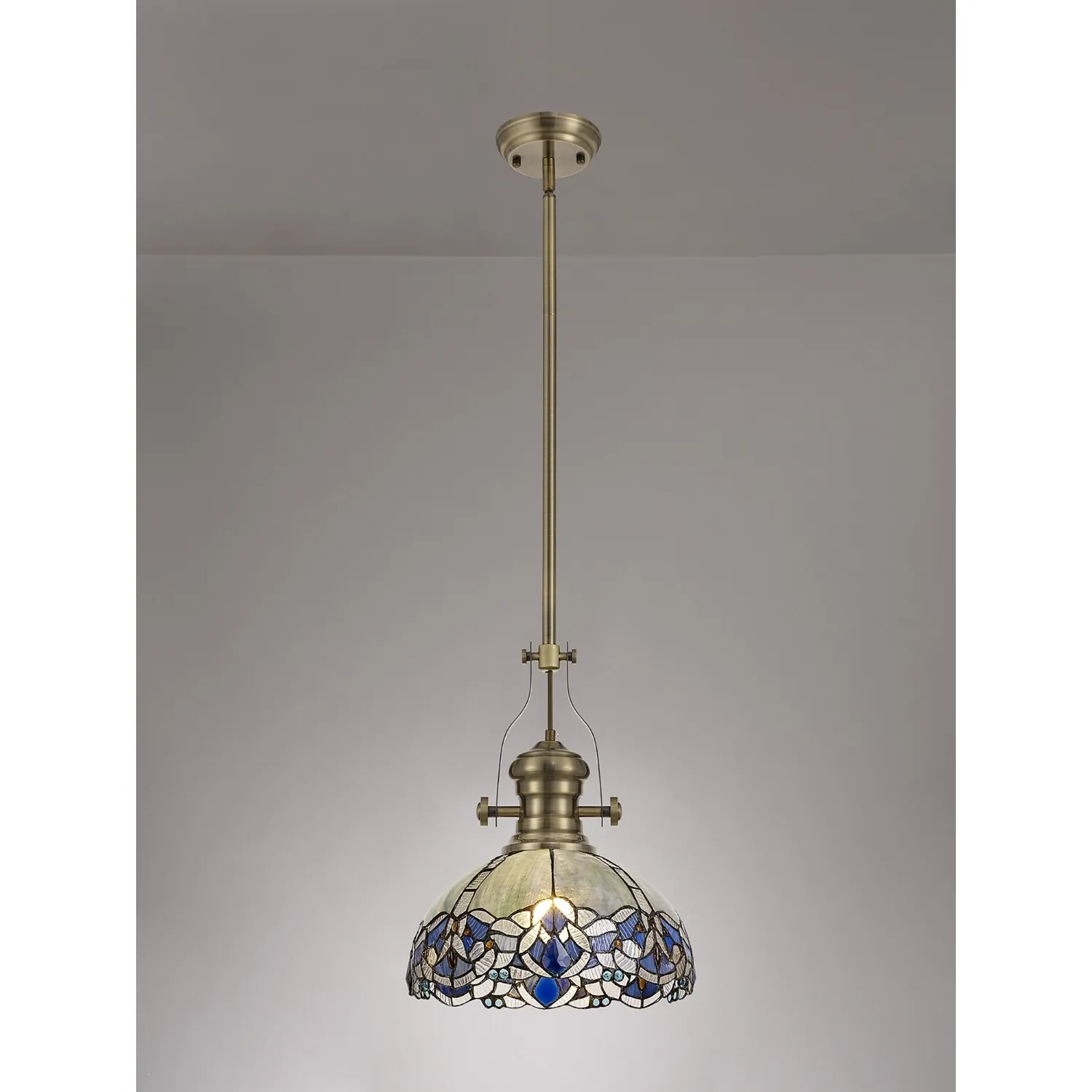 Ardingly 1 Light Pendant E27 With 30cm Tiffany Shade, Antique Brass Blue Clear Crystal