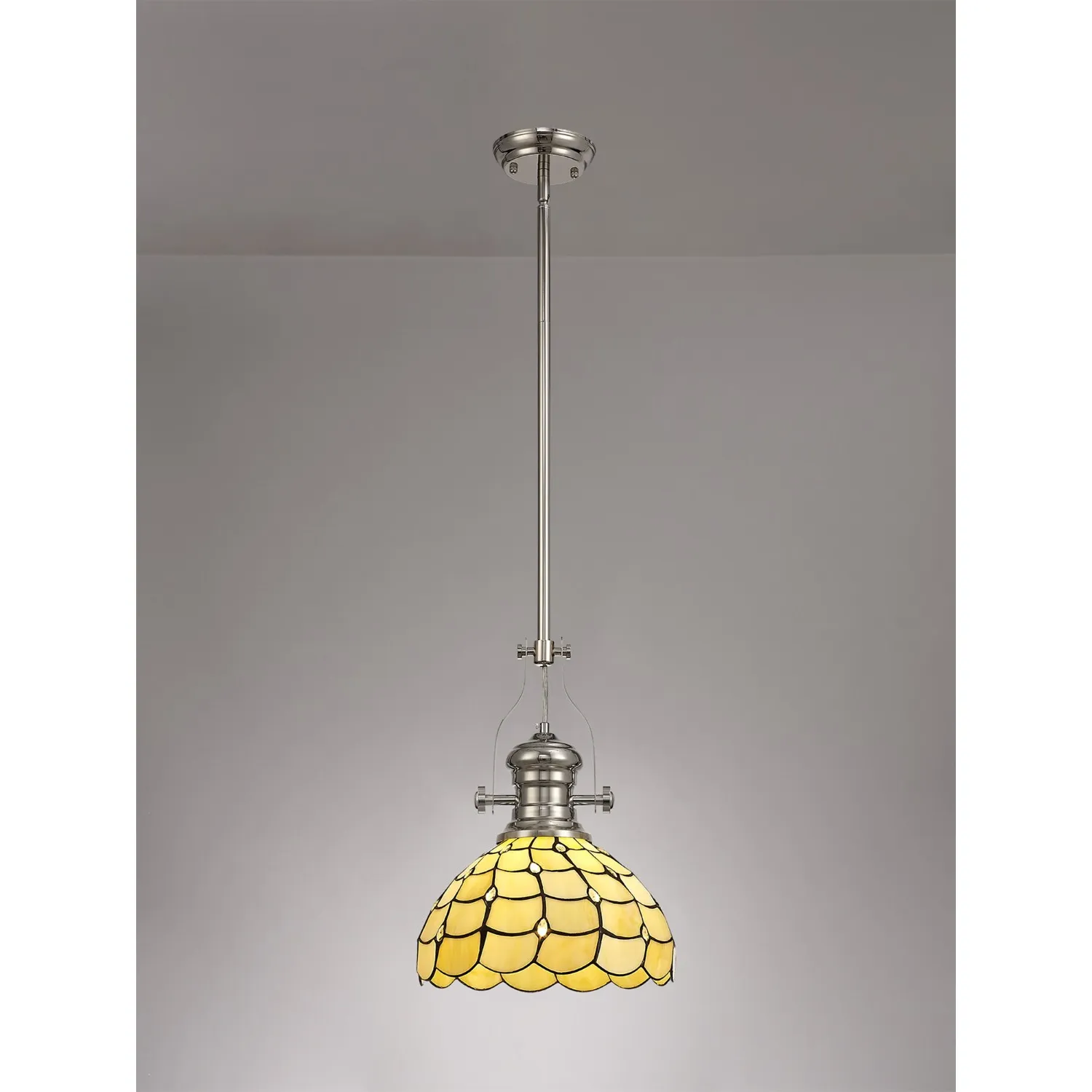 Stratford 1 Light Pendant E27 With 30cm Tiffany Shade, Polished Nickel Beige Clear Crystal