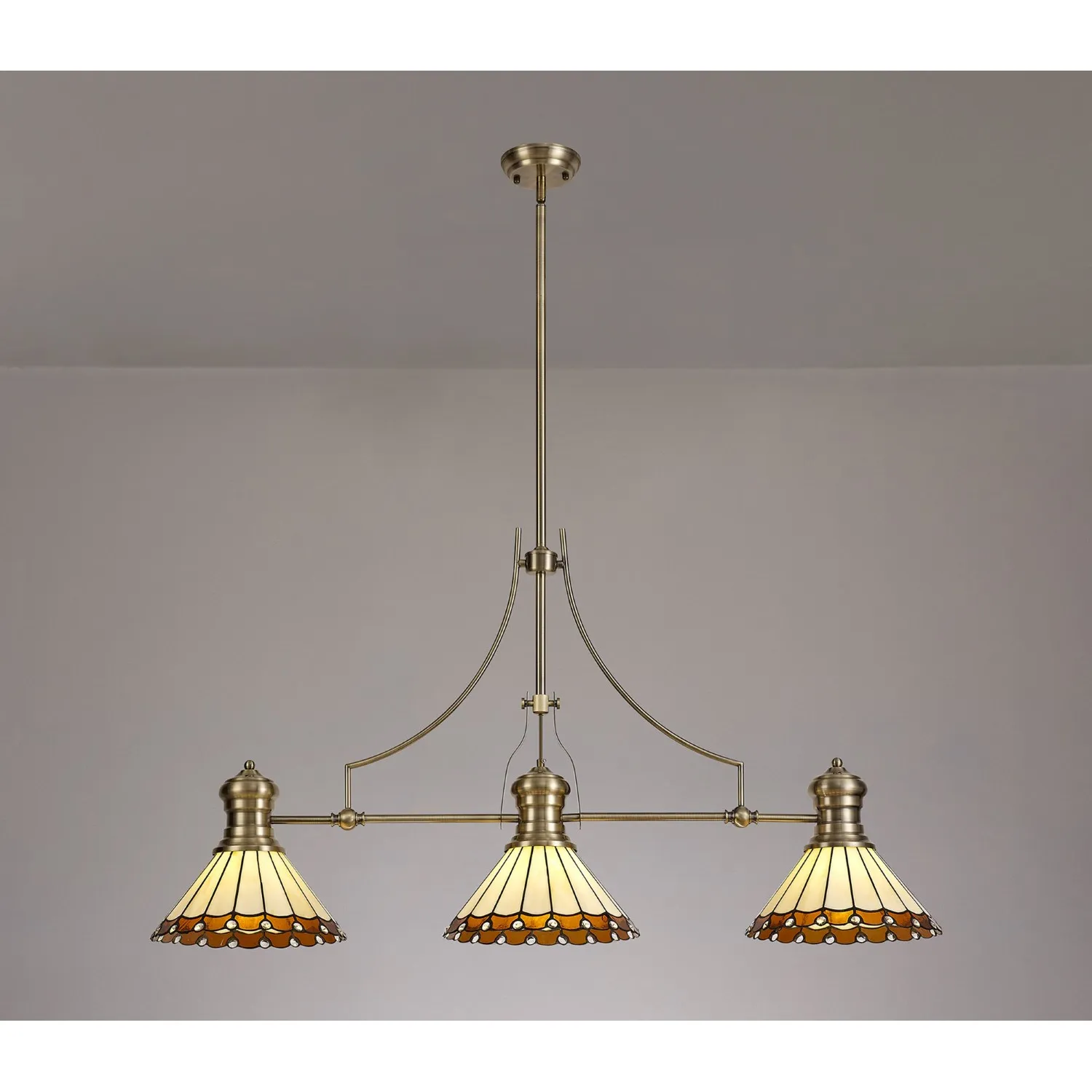 Ware 3 Light Linear Pendant E27 With 30cm Tiffany Shade, Antique Brass, Amber, Cream, Crystal