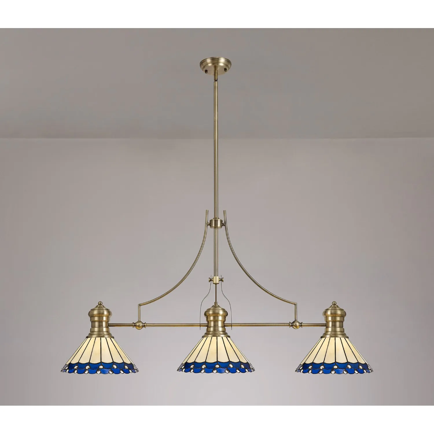 Ware 3 Light Linear Pendant E27 With 30cm Tiffany Shade, Antique Brass, Blue, Cream, Crystal
