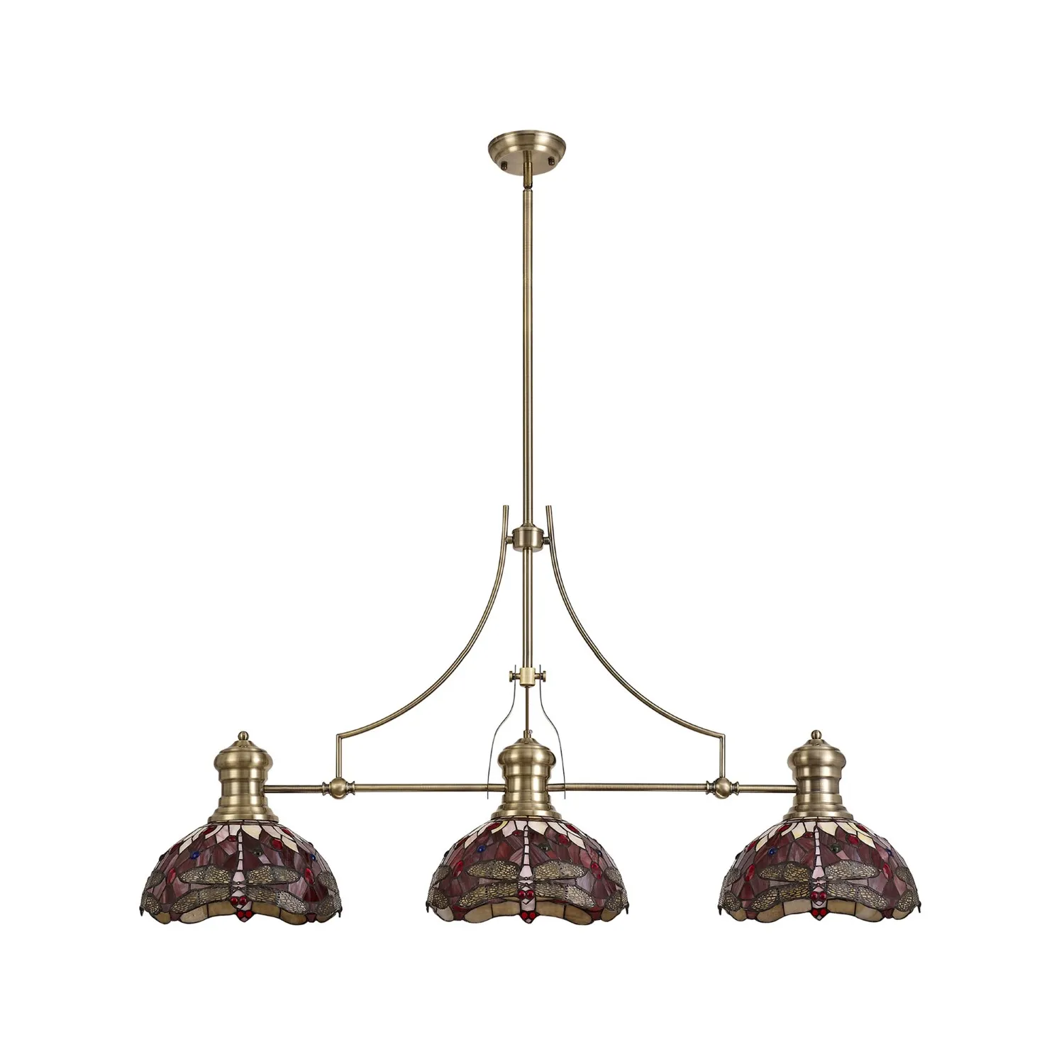 Hitchin 3 Light Linear Pendant E27 With 30cm Tiffany Shade, Antique Brass, Purple, Pink, Crystal