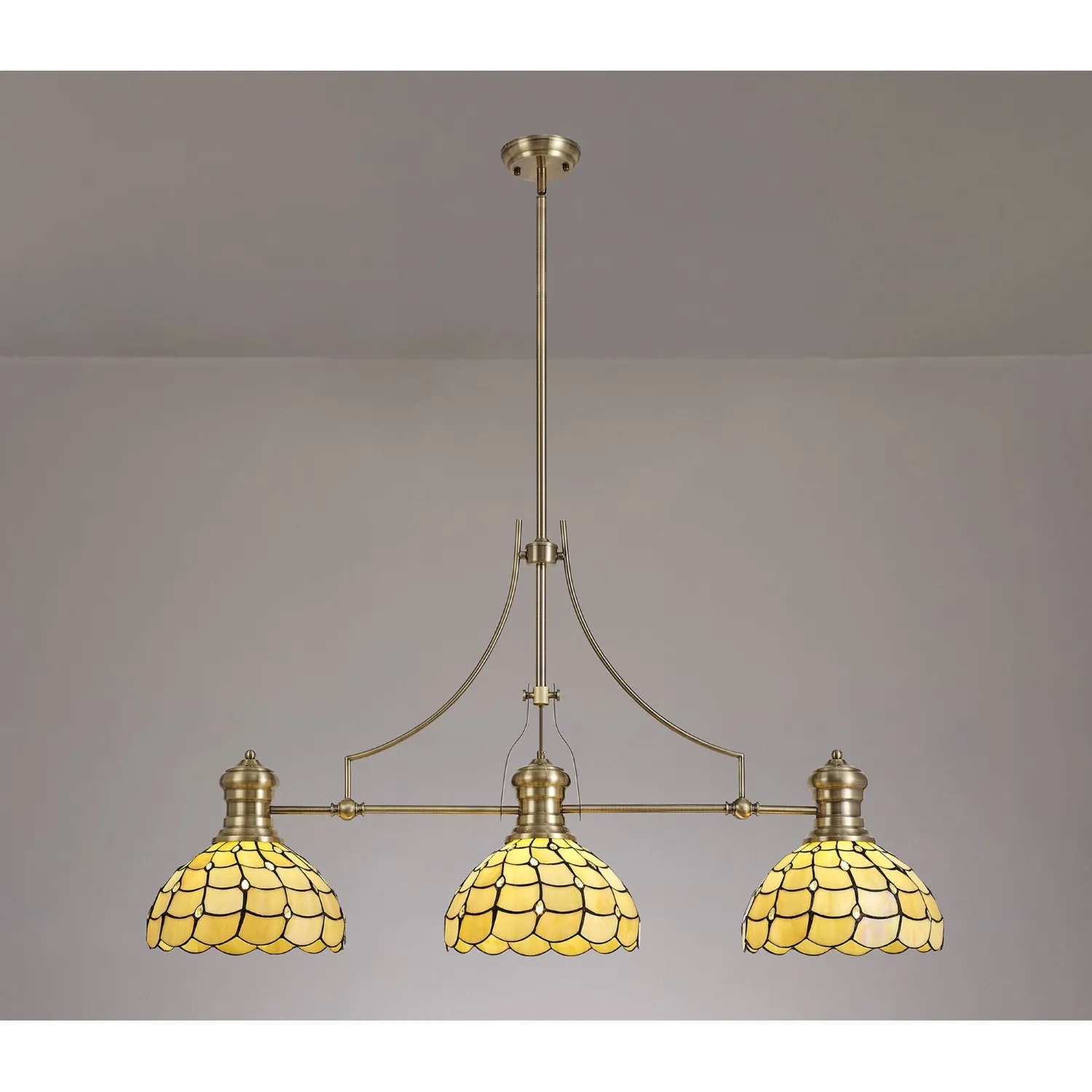 Stratford 3 Light Linear Pendant E27 With 30cm Tiffany Shade, Antique Brass, Beige, Clear Crystal
