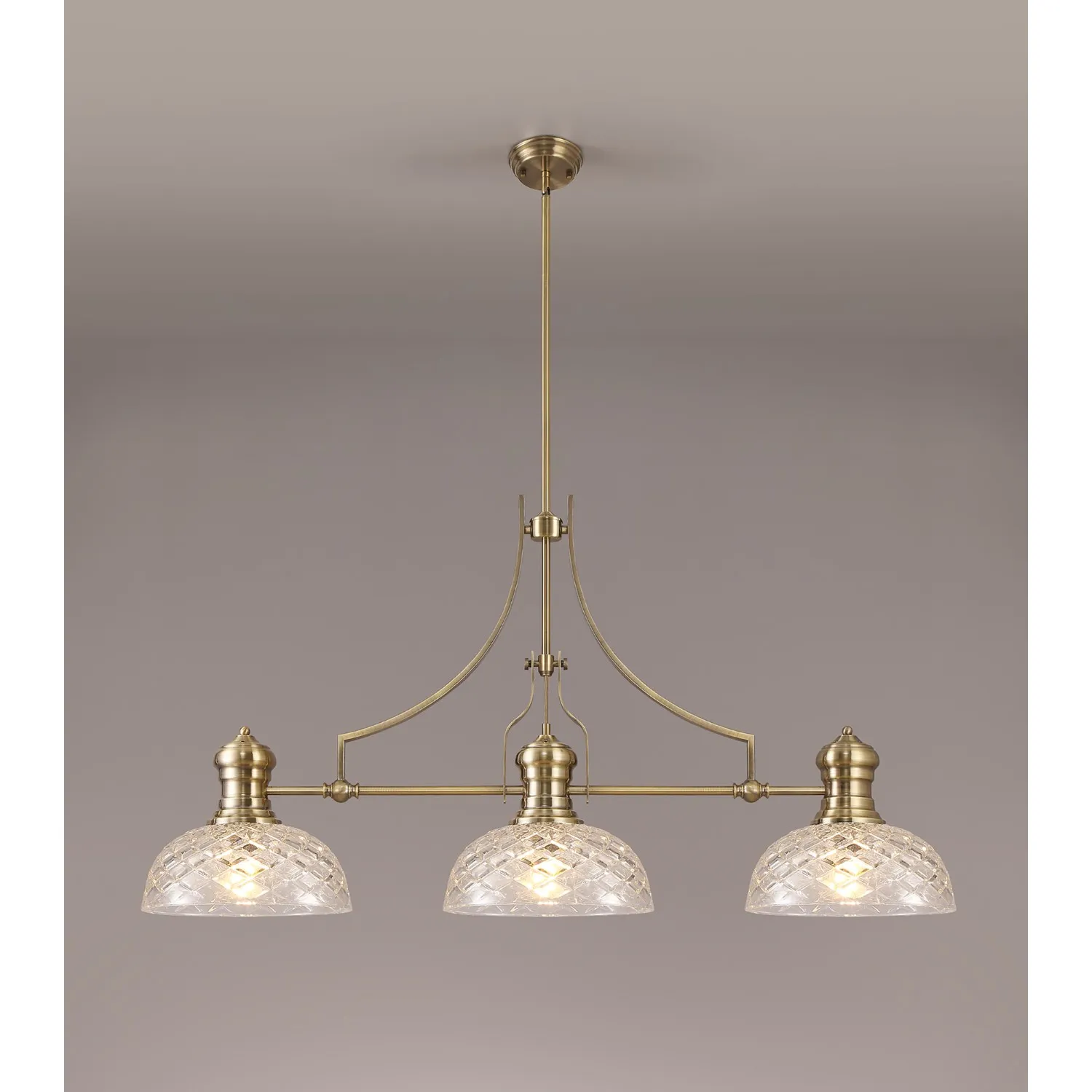 Sandy Linear Pendant With 30cm Flat Round Patterned Shade, 3 x E27, Antique Brass Clear Glass