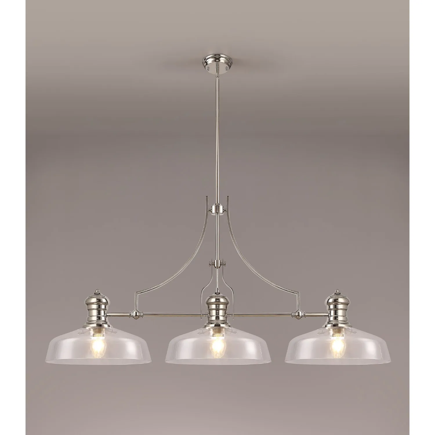 Sandy Linear Pendant With 38cm Flat Round Shade, 3 x E27, Polished Nickel Clear Glass