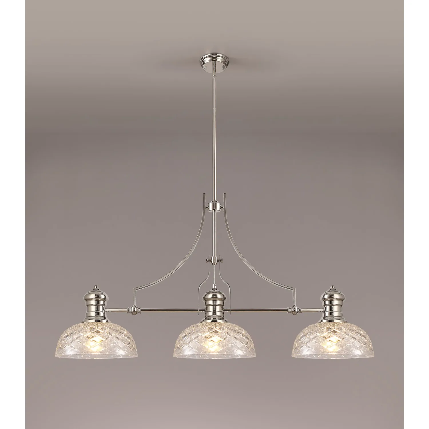 Sandy Linear Pendant With 30cm Flat Round Patterned Shade, 3 x E27, Polished Nickel Clear Glass
