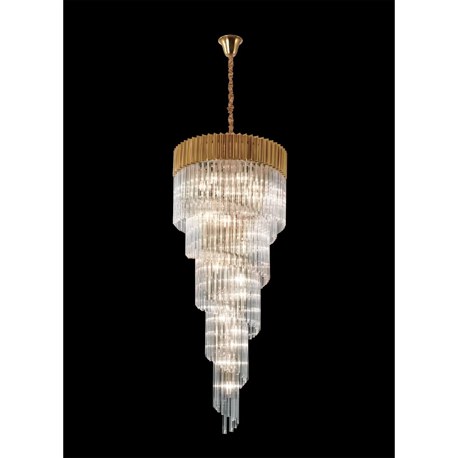 Aldershot 70cm Pendant Round 5 Layer Spiral 23 Light E14, Brass Clear Sculpted Glass, Item Weight: 56.2kg