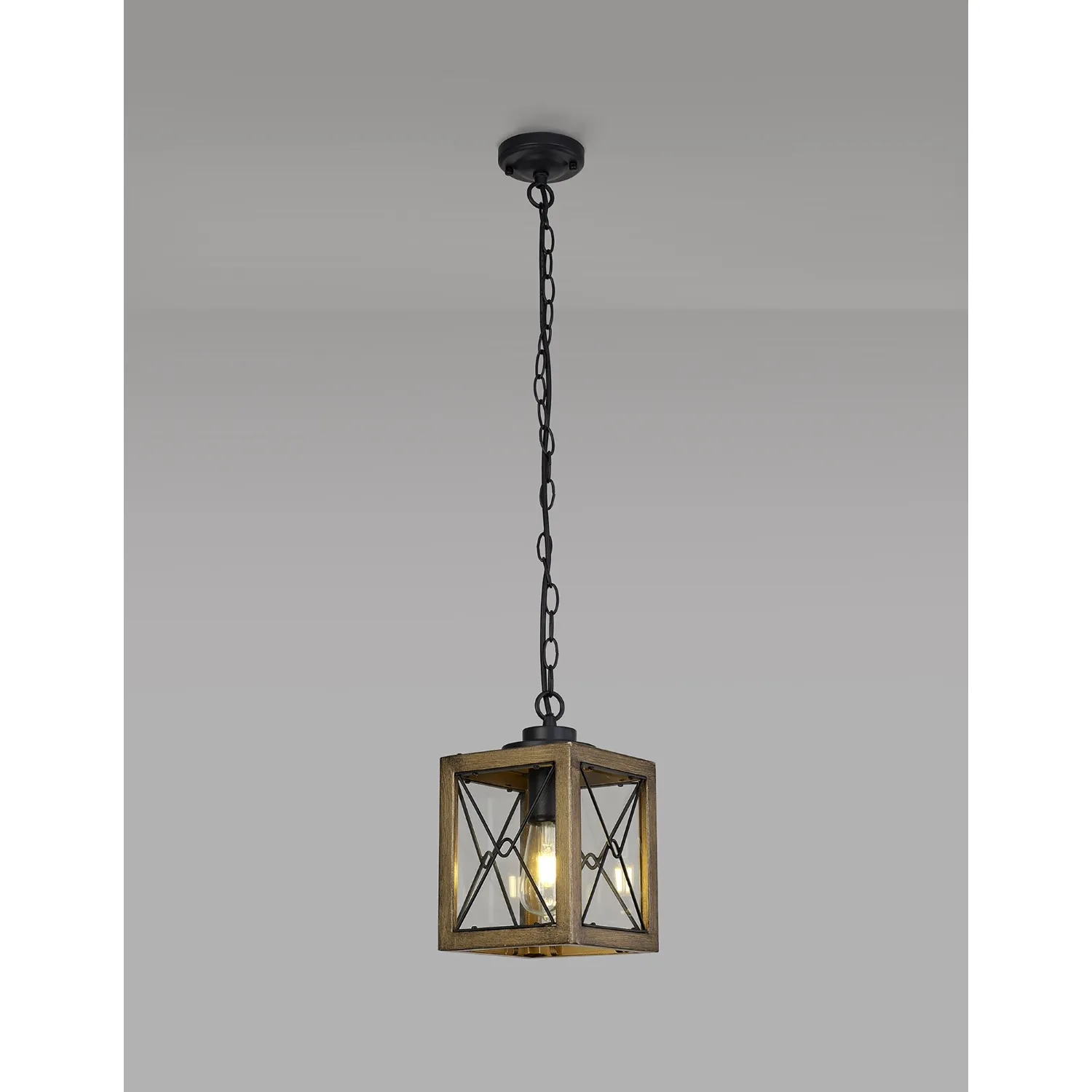 Liss Pendant, 1 x E27, Wood Effect And Black Clear Glass, IP54, 2yrs Warranty