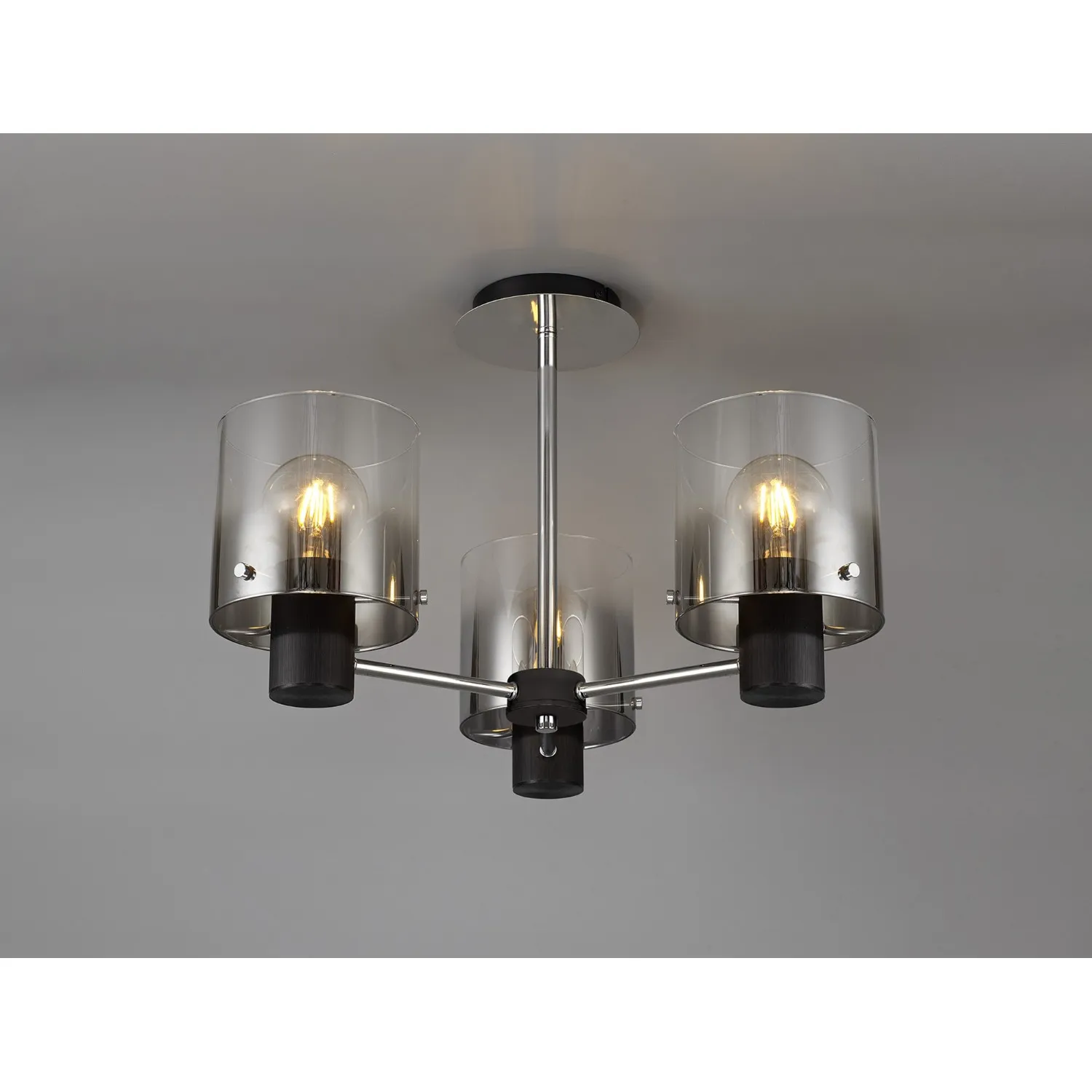 Islington Semi Flush Light, 3 x E27, Black Smoke Fade Glass