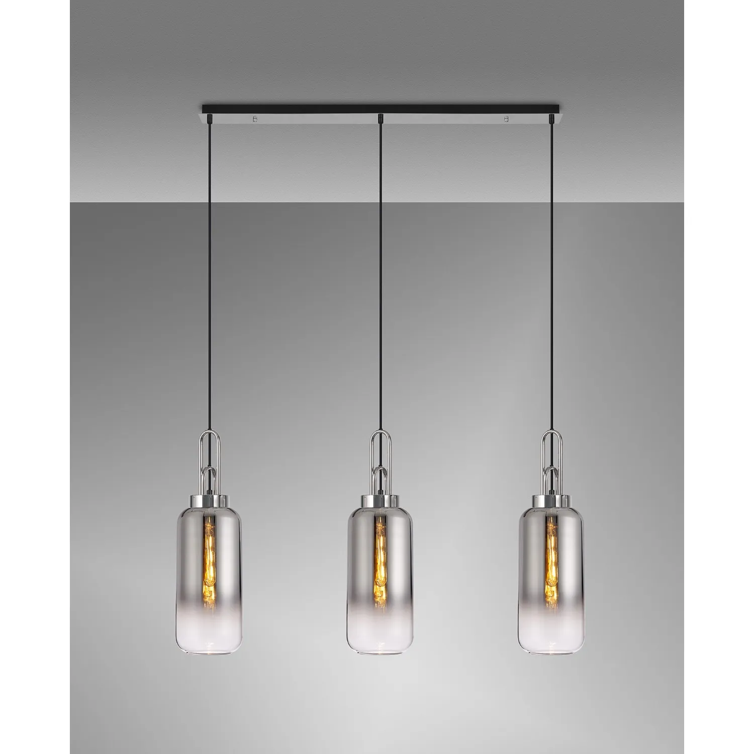Epsom Linear 3 Light Pendant E27 With 16cm Cylinder Glass, Smoked Clear Polished Nickel Matt Black